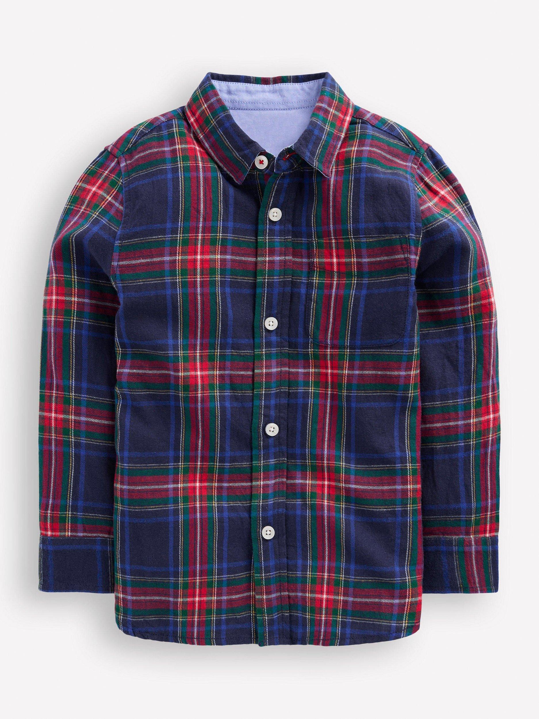 Product image 1 of 3, which shows Mini Boden Kids' Cotton Long Sleeved Checked Shirt, Navy, 10-11 years