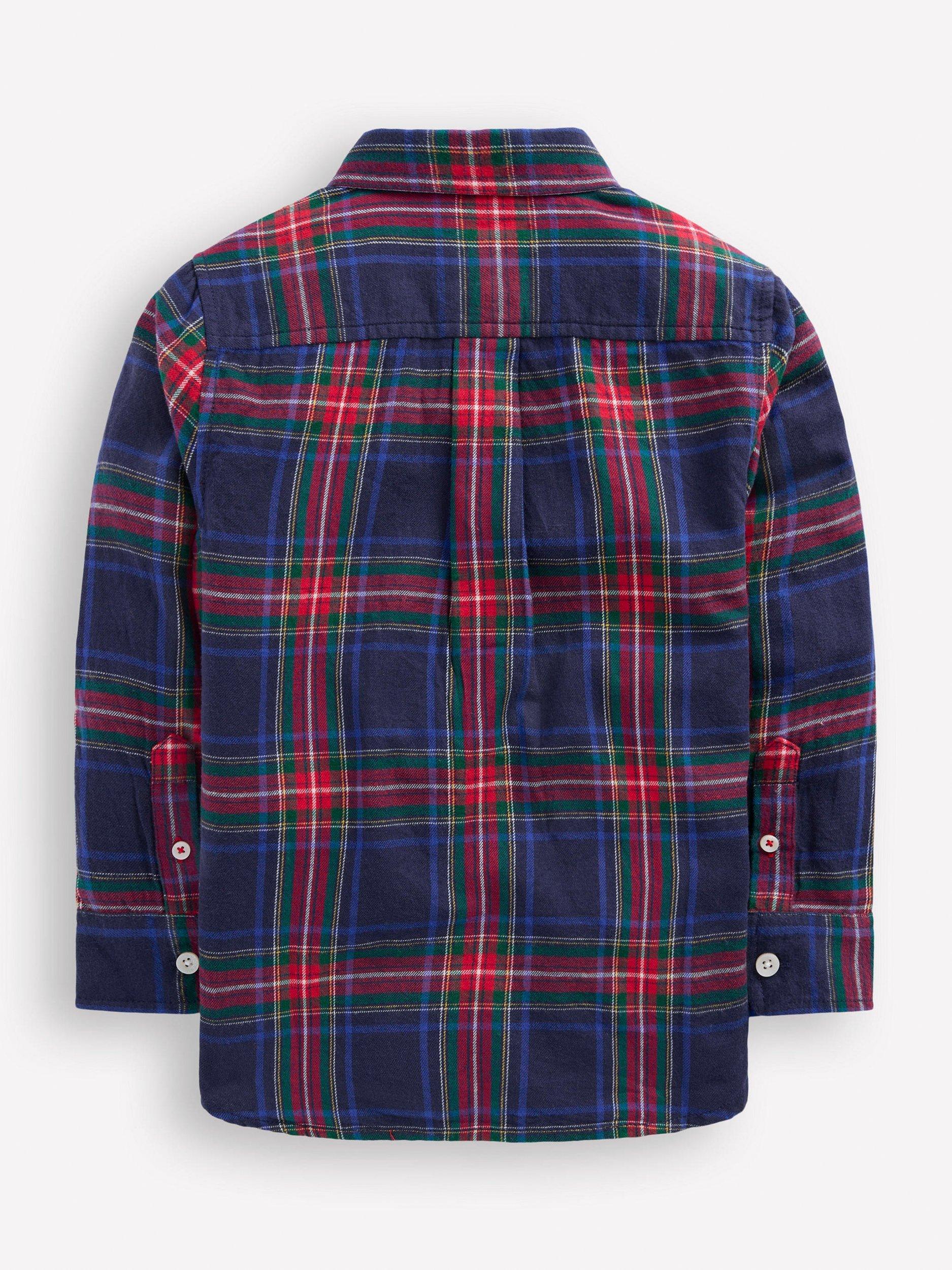 Product image 2 of 3, which shows Mini Boden Kids' Cotton Long Sleeved Checked Shirt, Navy, 10-11 years