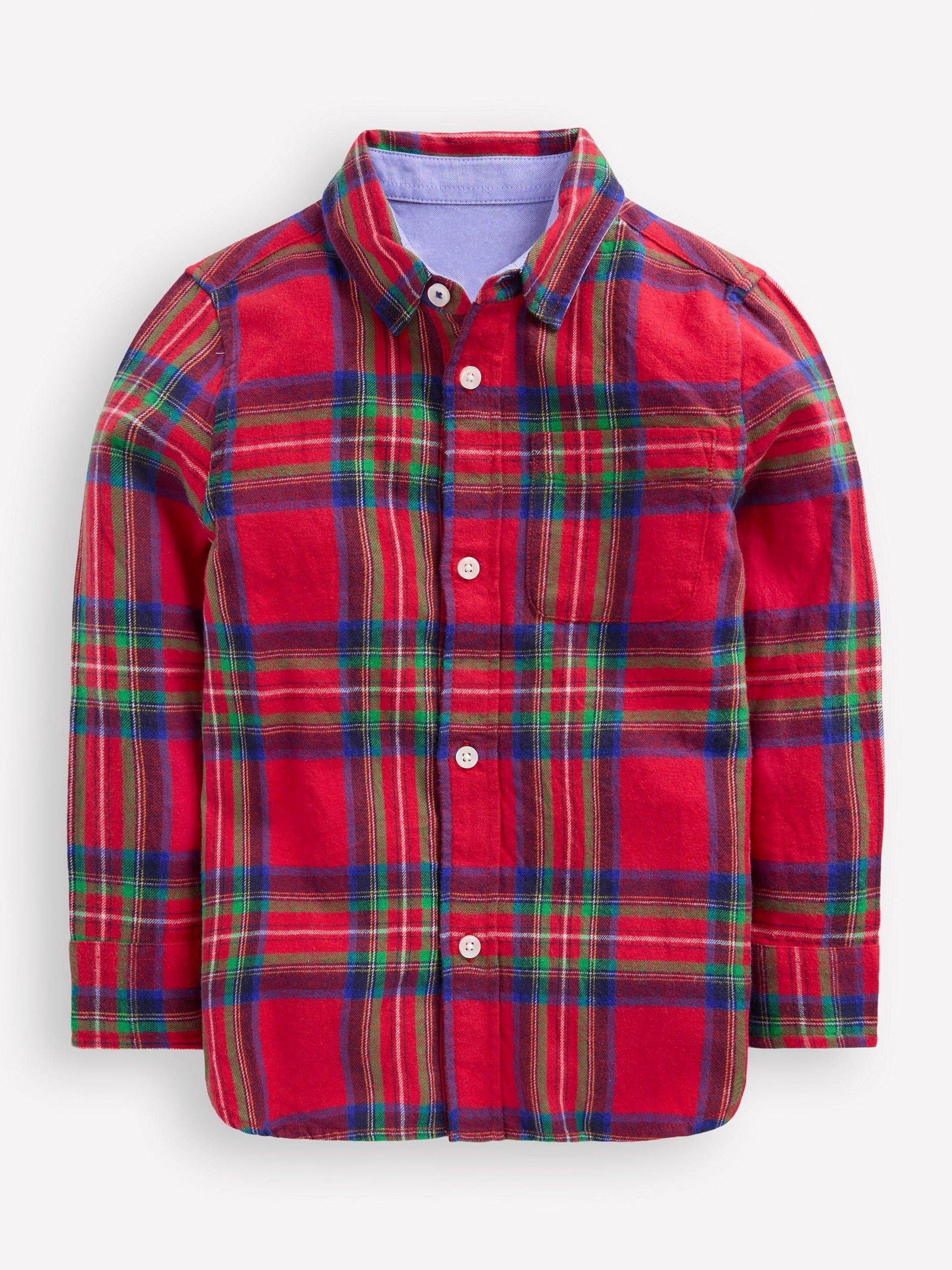 Product image 1 of 3, which shows Mini Boden Kids' Cotton Long Sleeved Checked Shirt, Red, 3-4 years