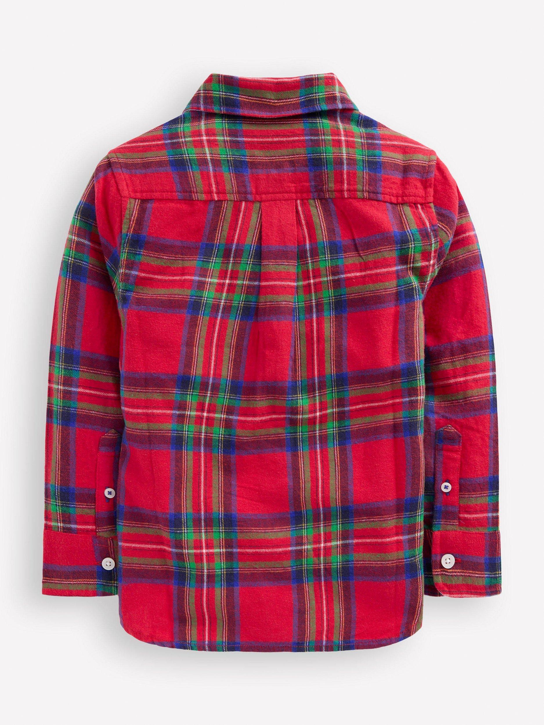Product image 2 of 3, which shows Mini Boden Kids' Cotton Long Sleeved Checked Shirt, Red, 3-4 years