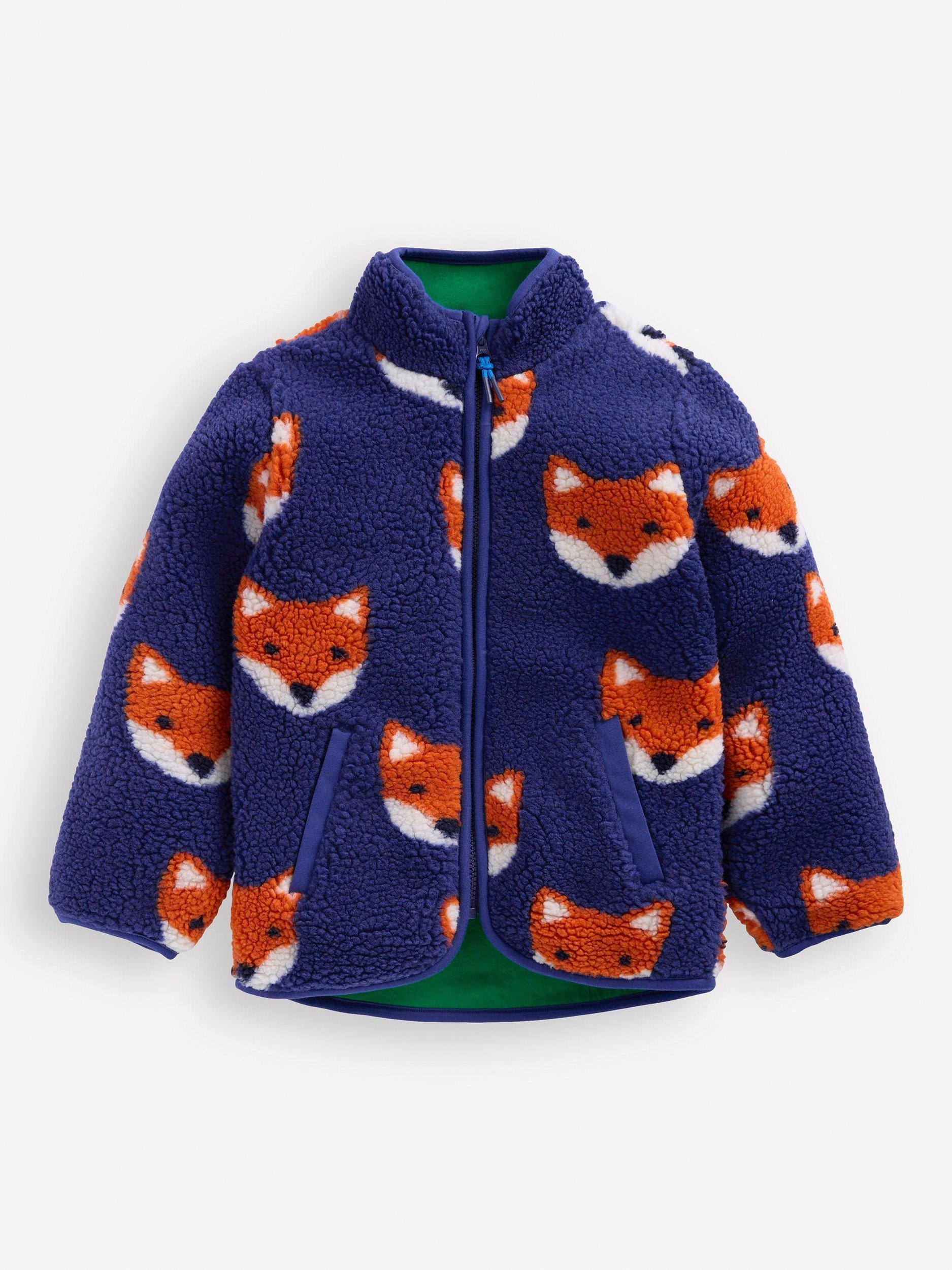 Product image 1 of 3, which shows Mini Boden Kids' Cosy Borg Jacket, Sapphire Blue Foxes, 2-3 years