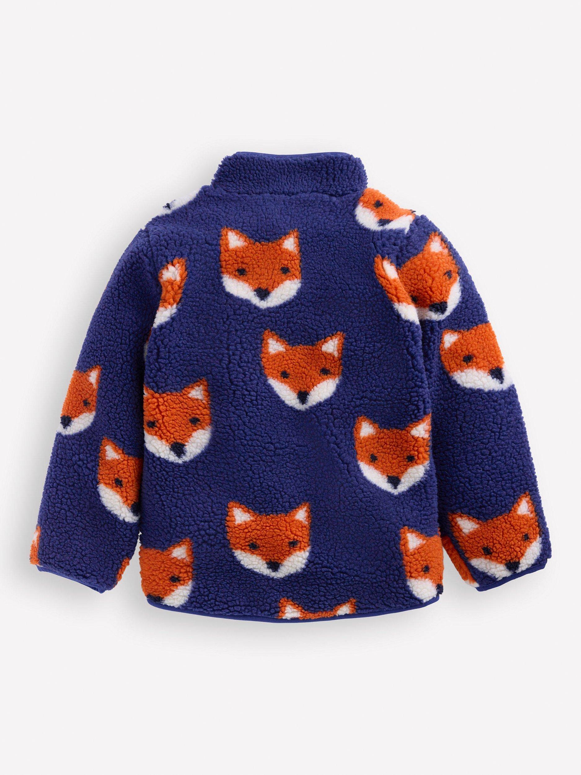 Product image 2 of 3, which shows Mini Boden Kids' Cosy Borg Jacket, Sapphire Blue Foxes, 2-3 years