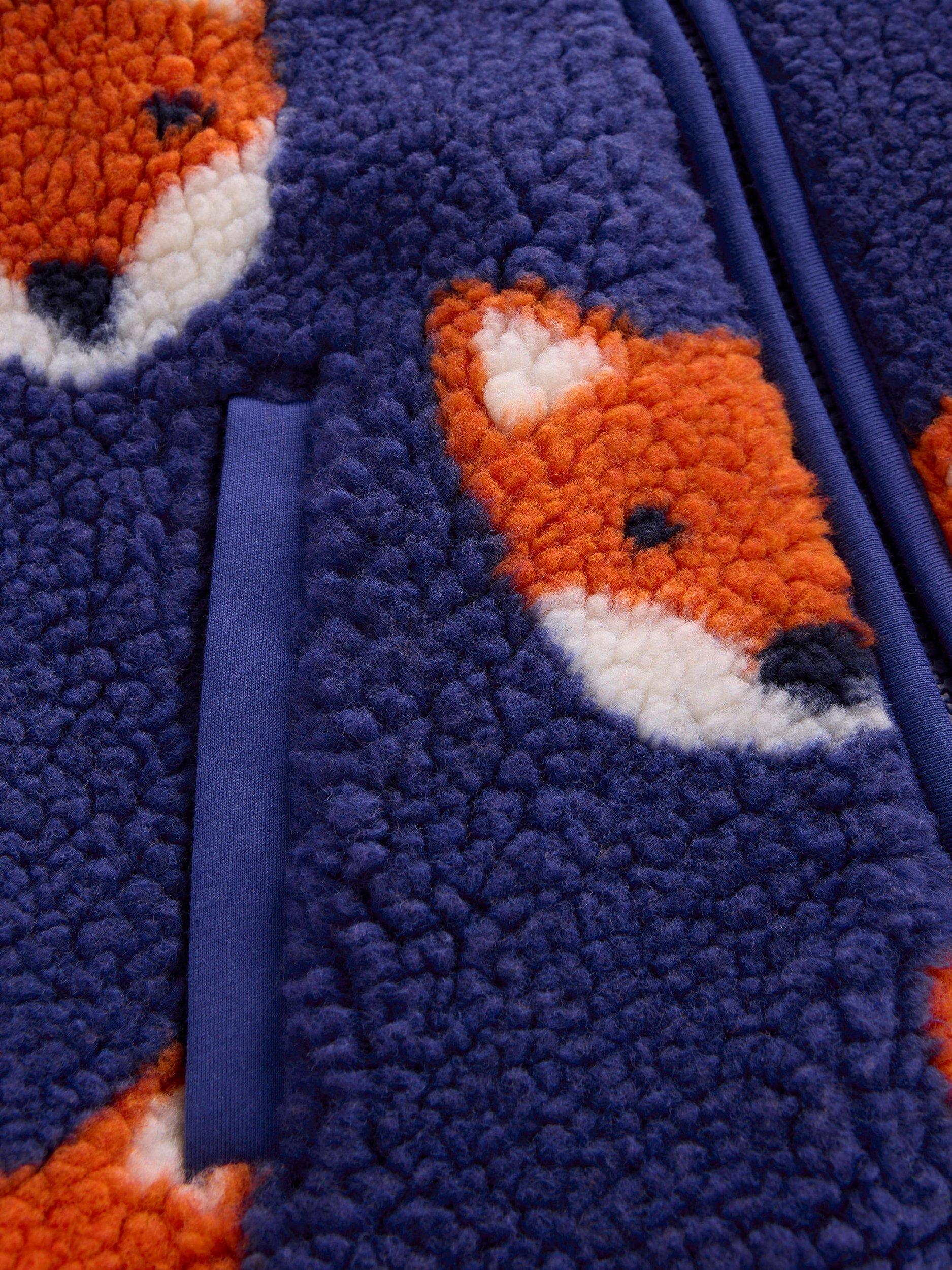 Product image 3 of 3, which shows Mini Boden Kids' Cosy Borg Jacket, Sapphire Blue Foxes, 2-3 years