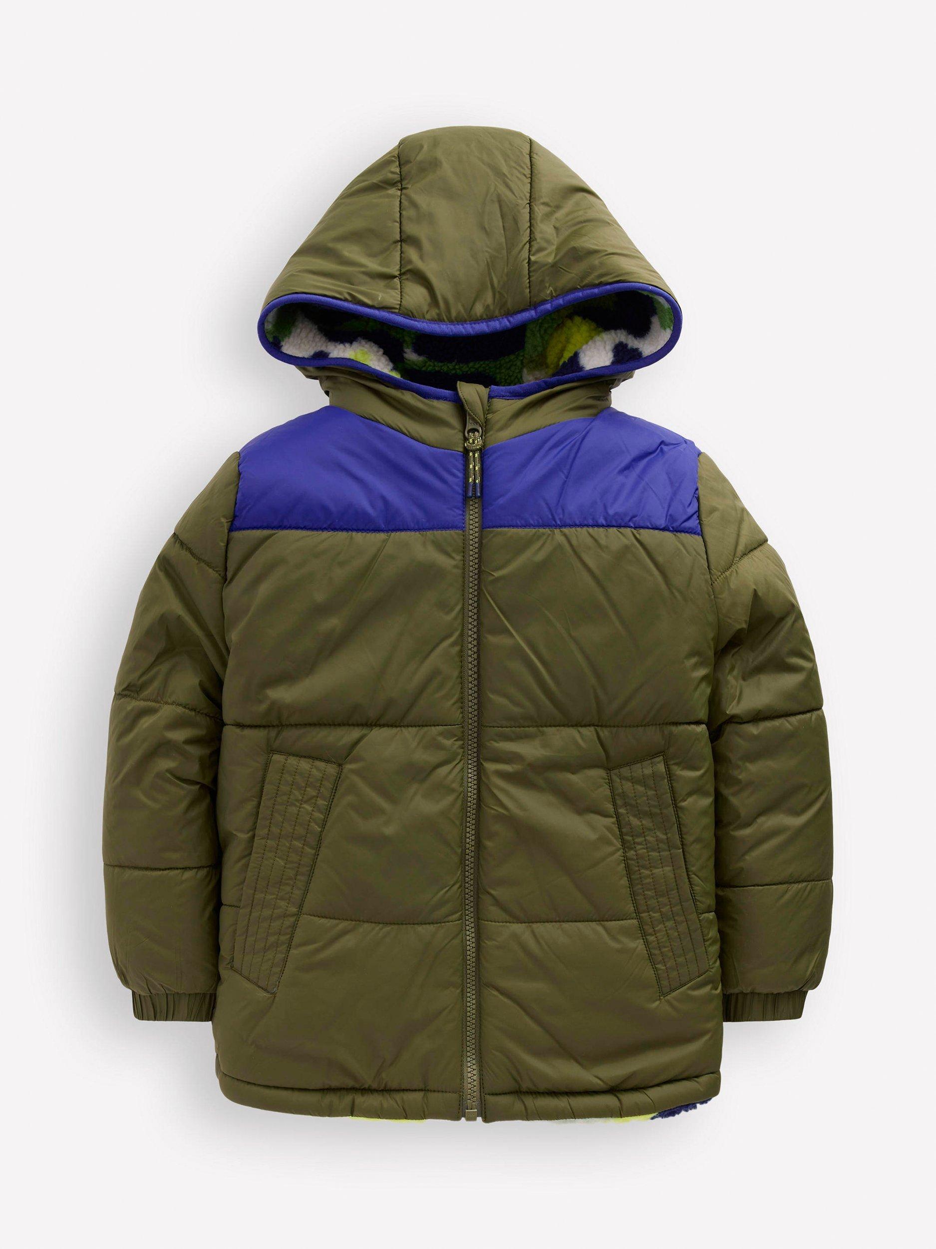 Product image 1 of 4, which shows Mini Boden Kids' Reversible Cotton Borg/Colour Block Jacket, Green Camo, 3-4 years