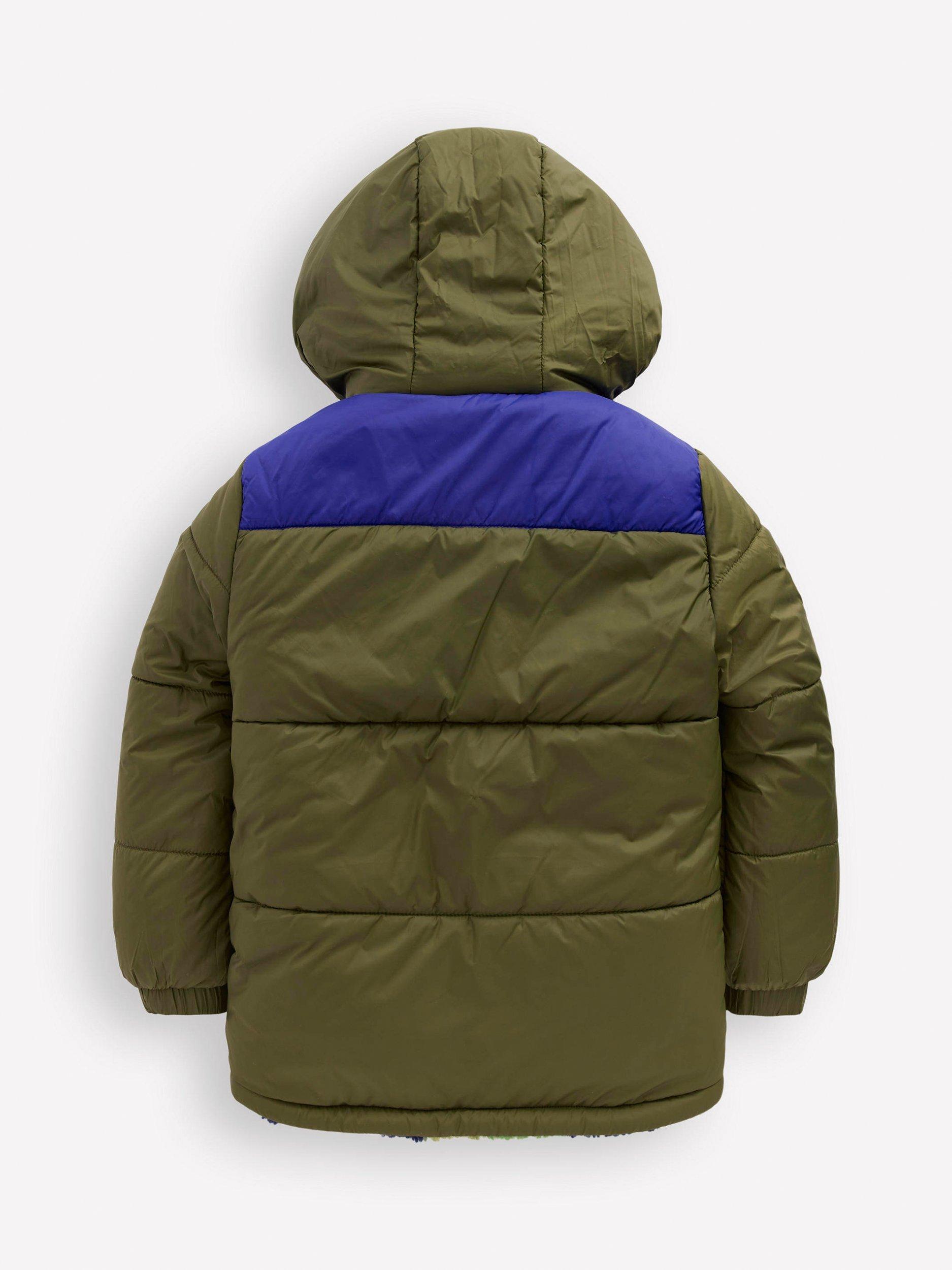 Product image 2 of 4, which shows Mini Boden Kids' Reversible Cotton Borg/Colour Block Jacket, Green Camo, 3-4 years