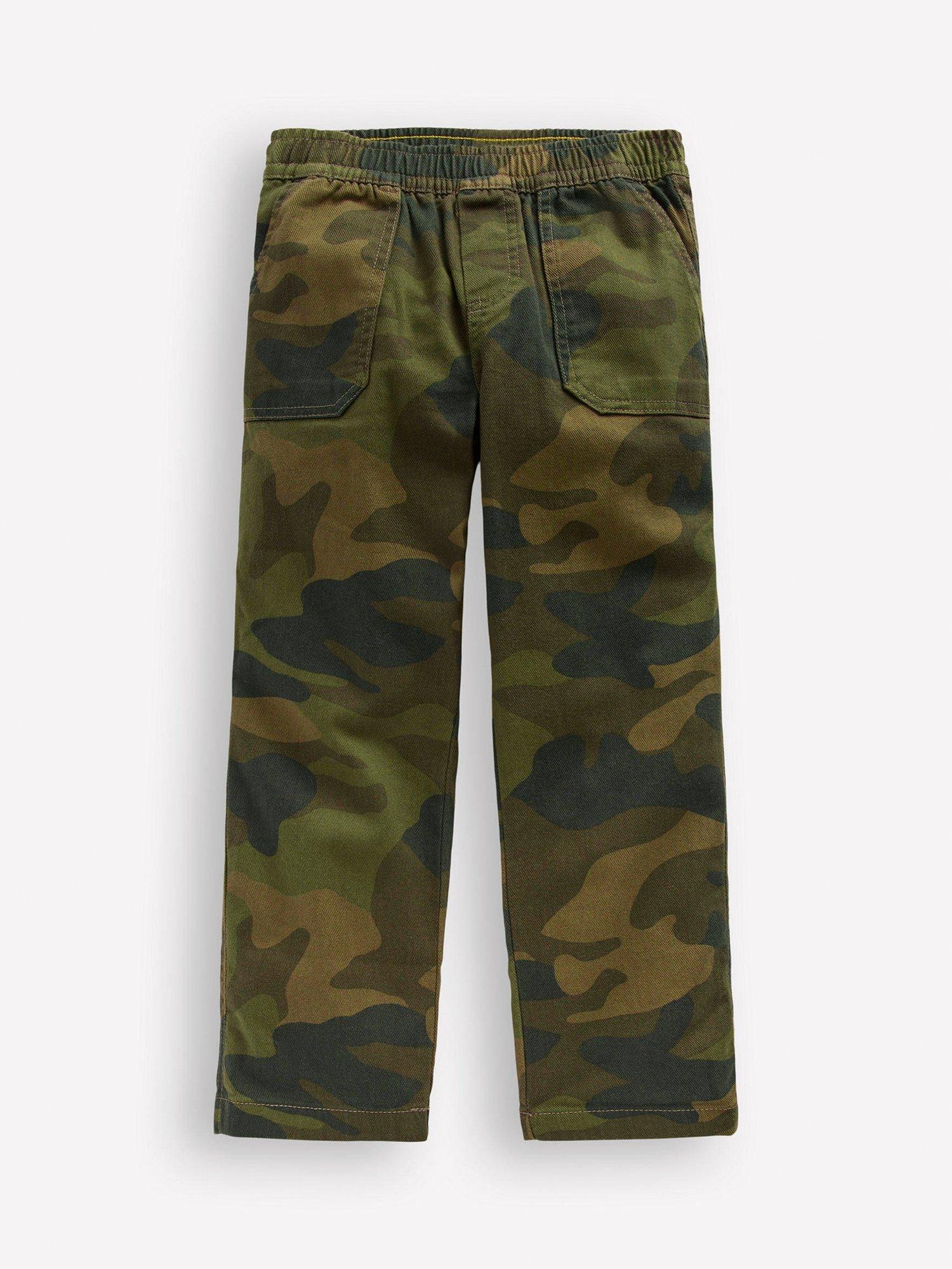 Product image 1 of 3, which shows Mini Boden Kids' Pull-On Cotton Blend Camouflage Trousers, Khaki, 2-3 years