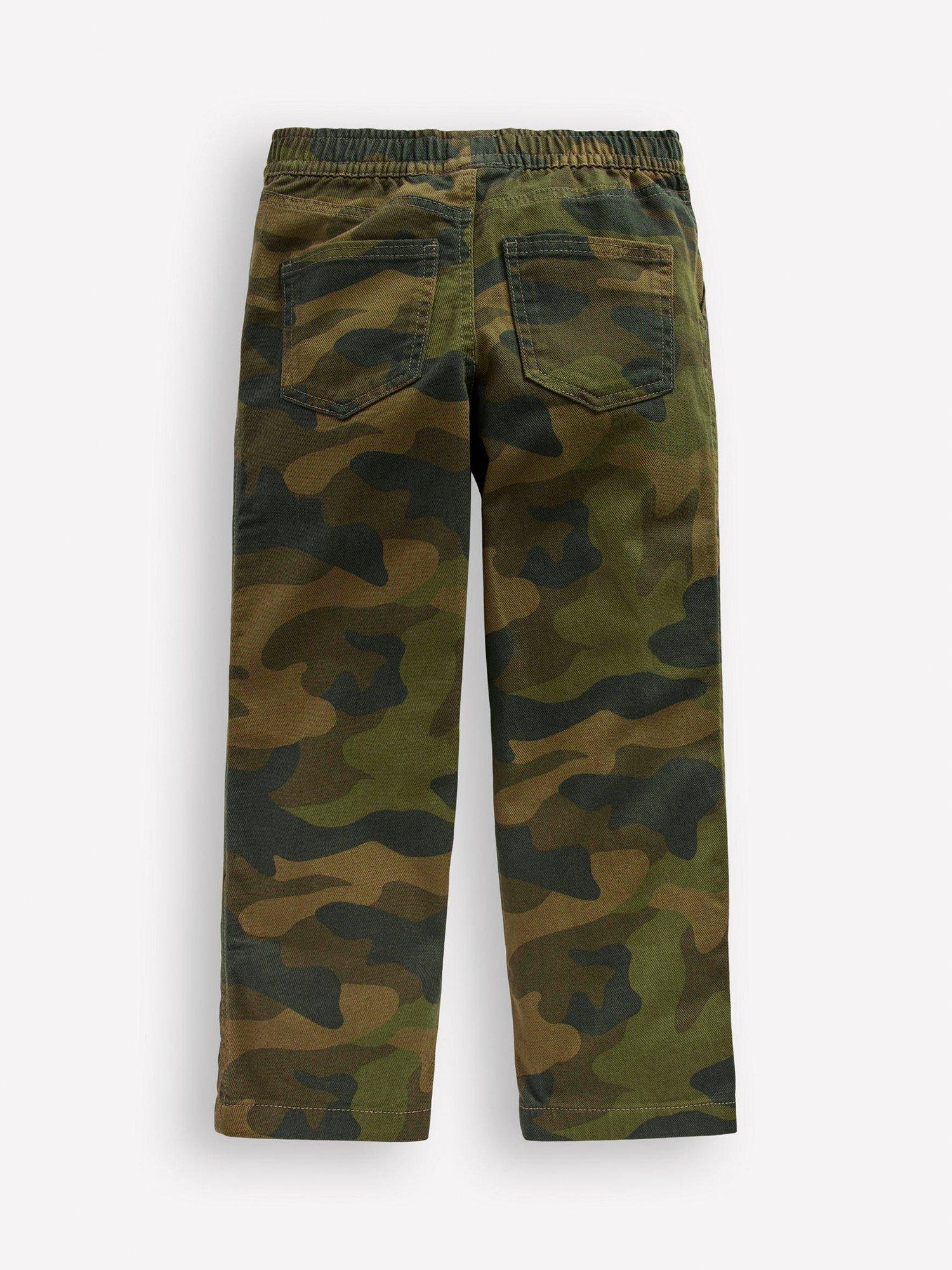 Product image 2 of 3, which shows Mini Boden Kids' Pull-On Cotton Blend Camouflage Trousers, Khaki, 2-3 years