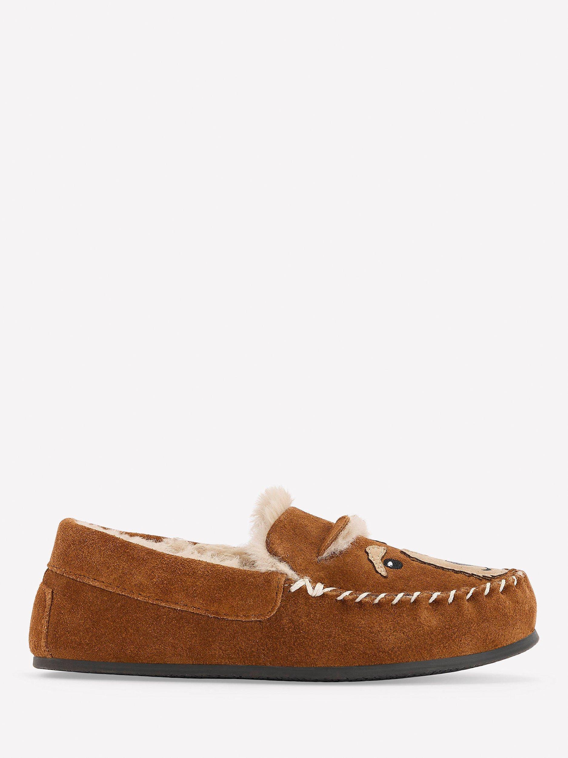 Product image 1 of 3, which shows Mini Boden Kids' Suede Slippers, Tan Dog, 7 Jnr