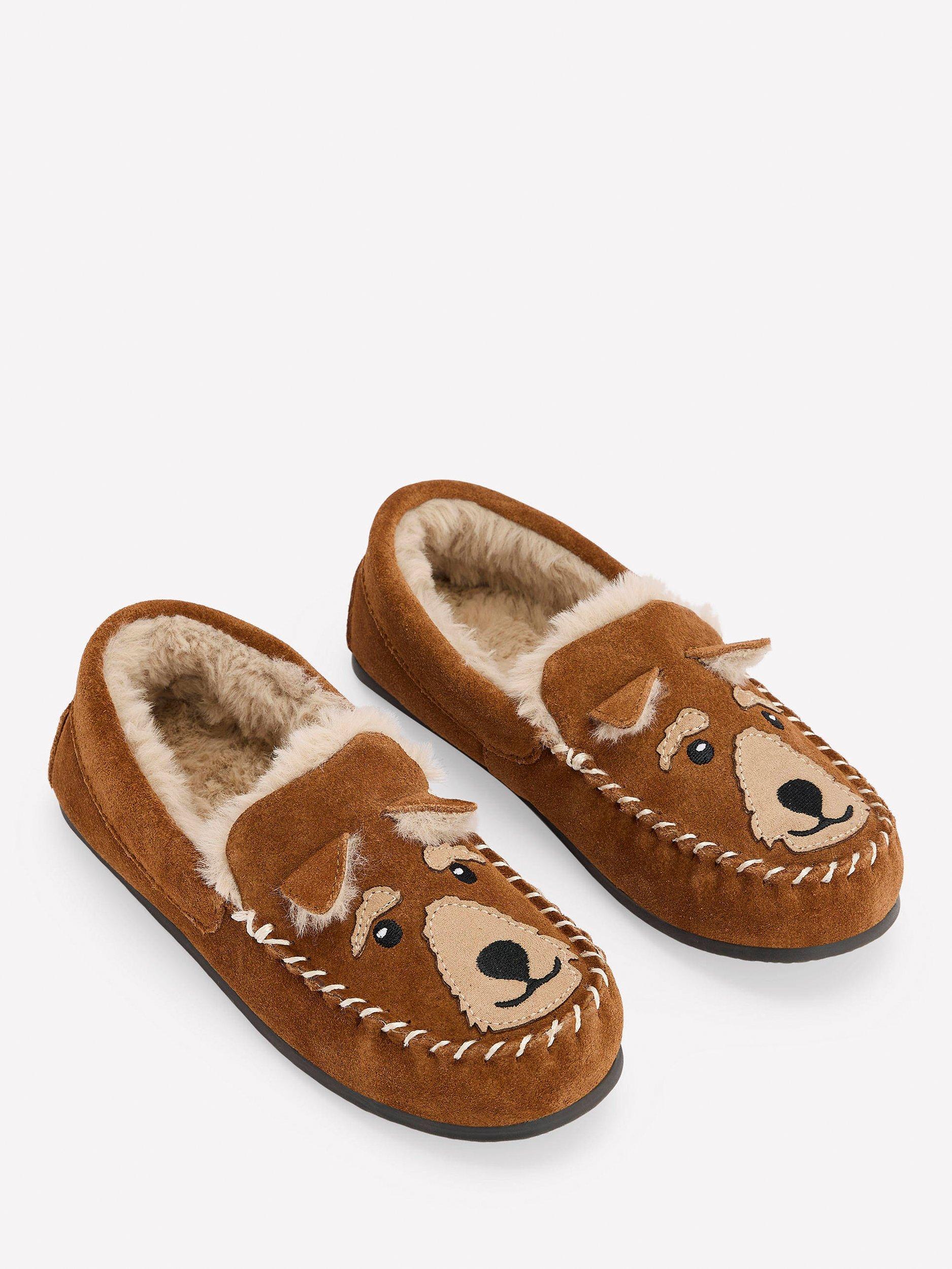 Product image 2 of 3, which shows Mini Boden Kids' Suede Slippers, Tan Dog, 7 Jnr
