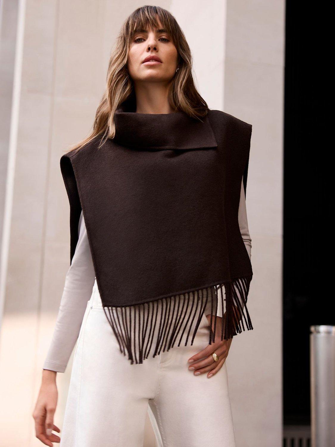 Product image 4 of 6, which shows Mint Velvet Wool Rich Fringed Poncho, Brown, One Size