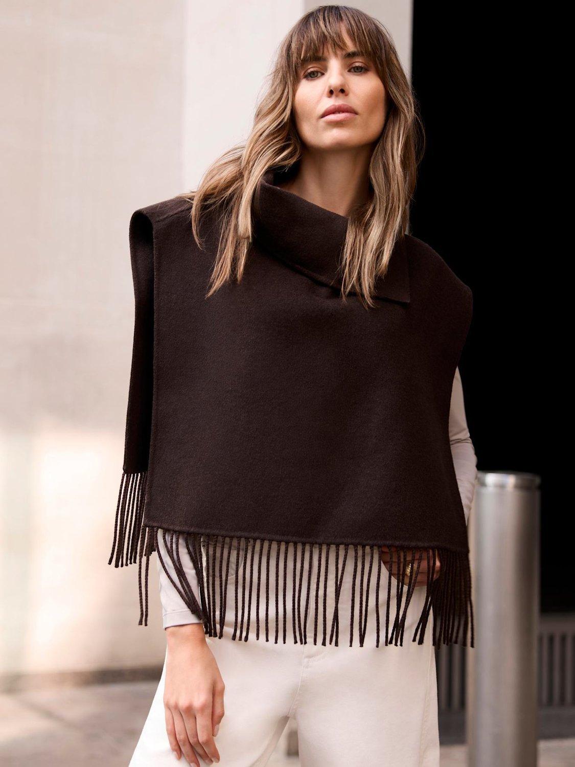 Product image 2 of 6, which shows Mint Velvet Wool Rich Fringed Poncho, Brown, One Size