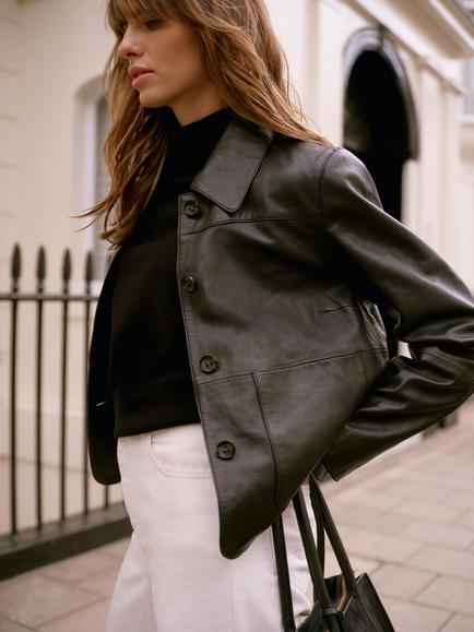 Mint Velvet Pocket Detail Leather Jacket, Black - view 2, Black