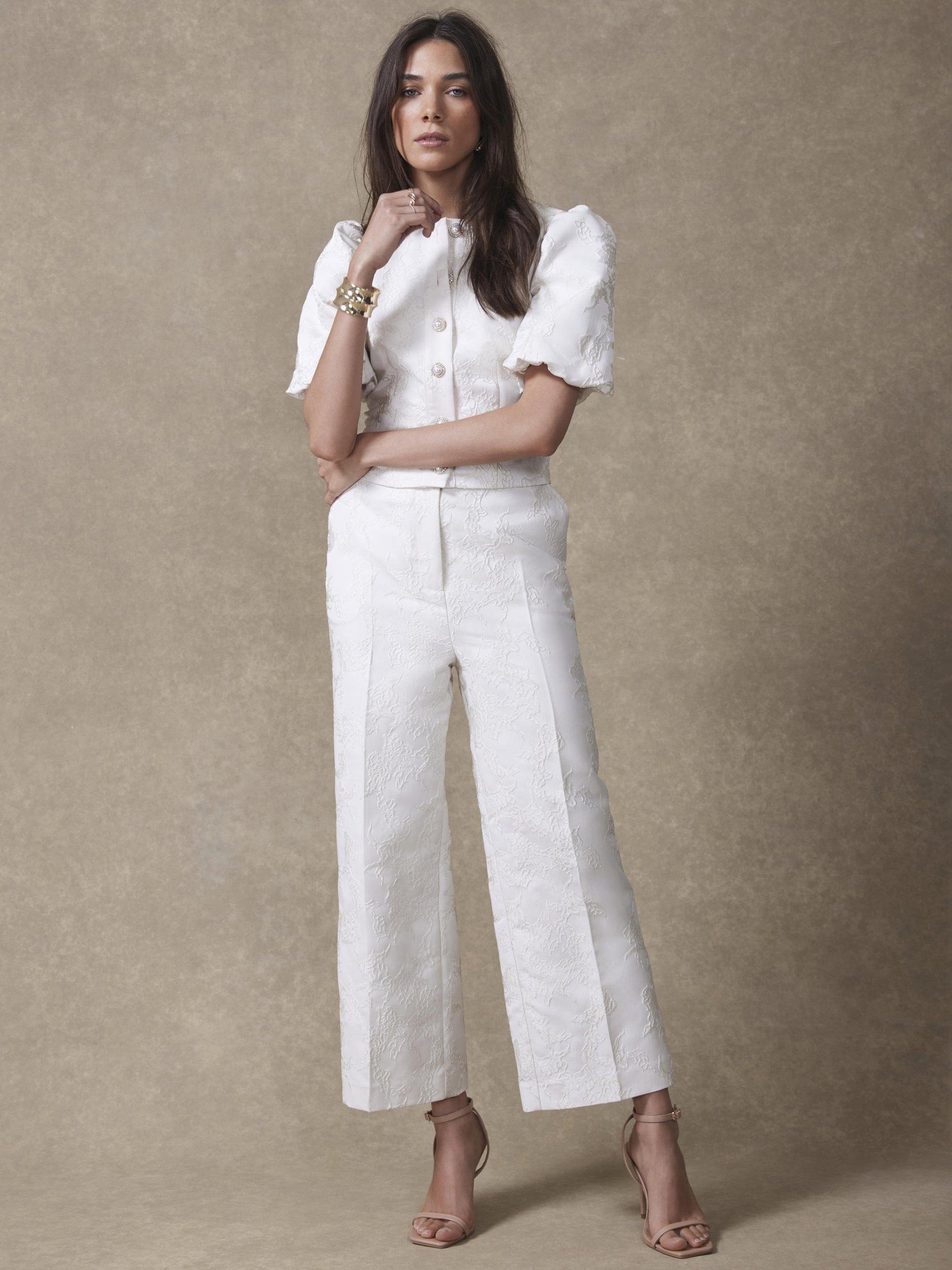 Product image 3 of 7, which shows Mint Velvet Jacquard Trousers, White, 16R