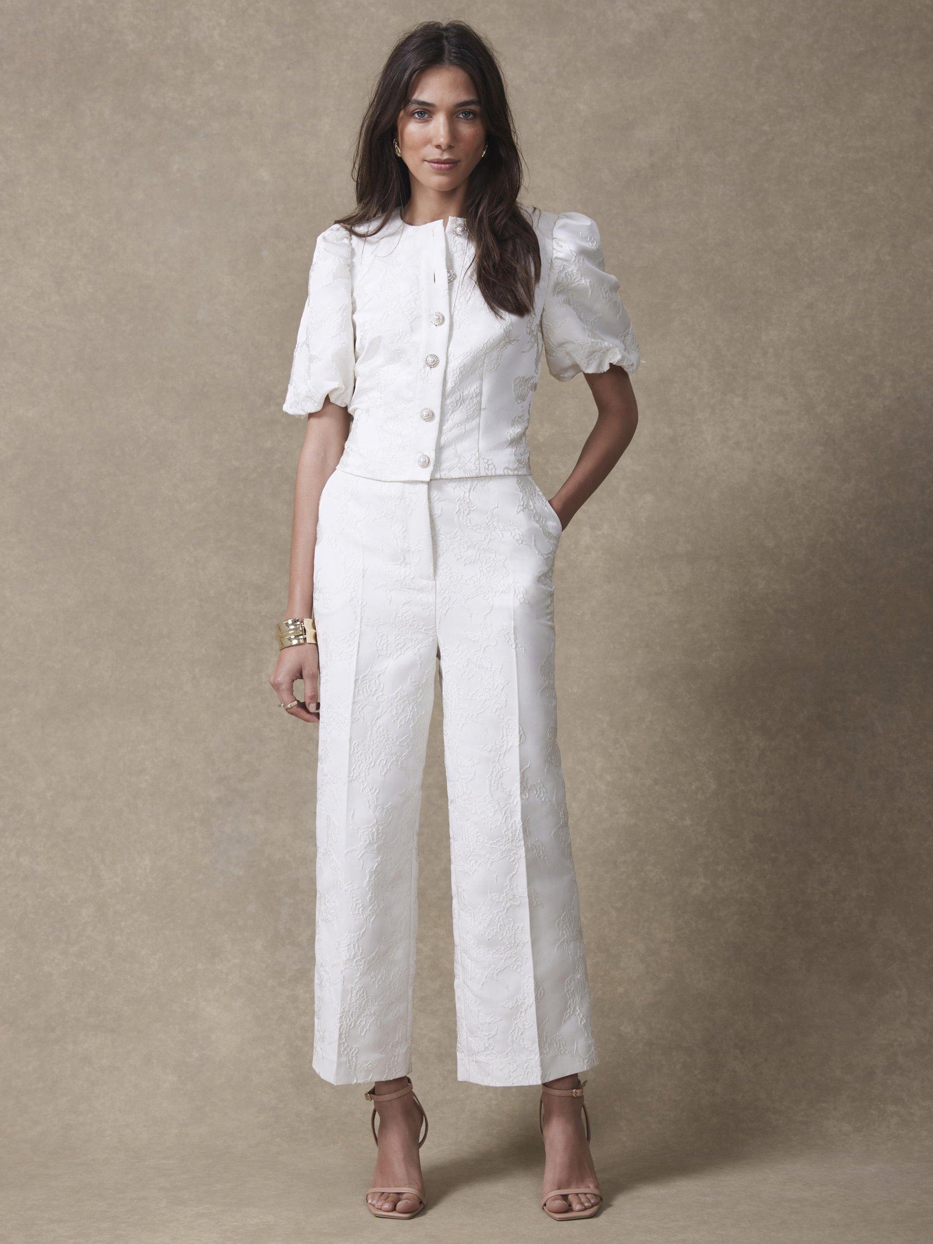 Product image 5 of 7, which shows Mint Velvet Jacquard Trousers, White, 16R