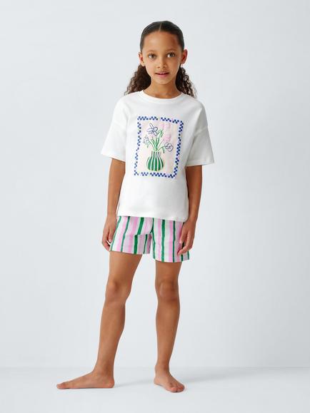 John Lewis Kids' Flower & Stripe Short Pyjamas, White Multi - view 2, White Multi