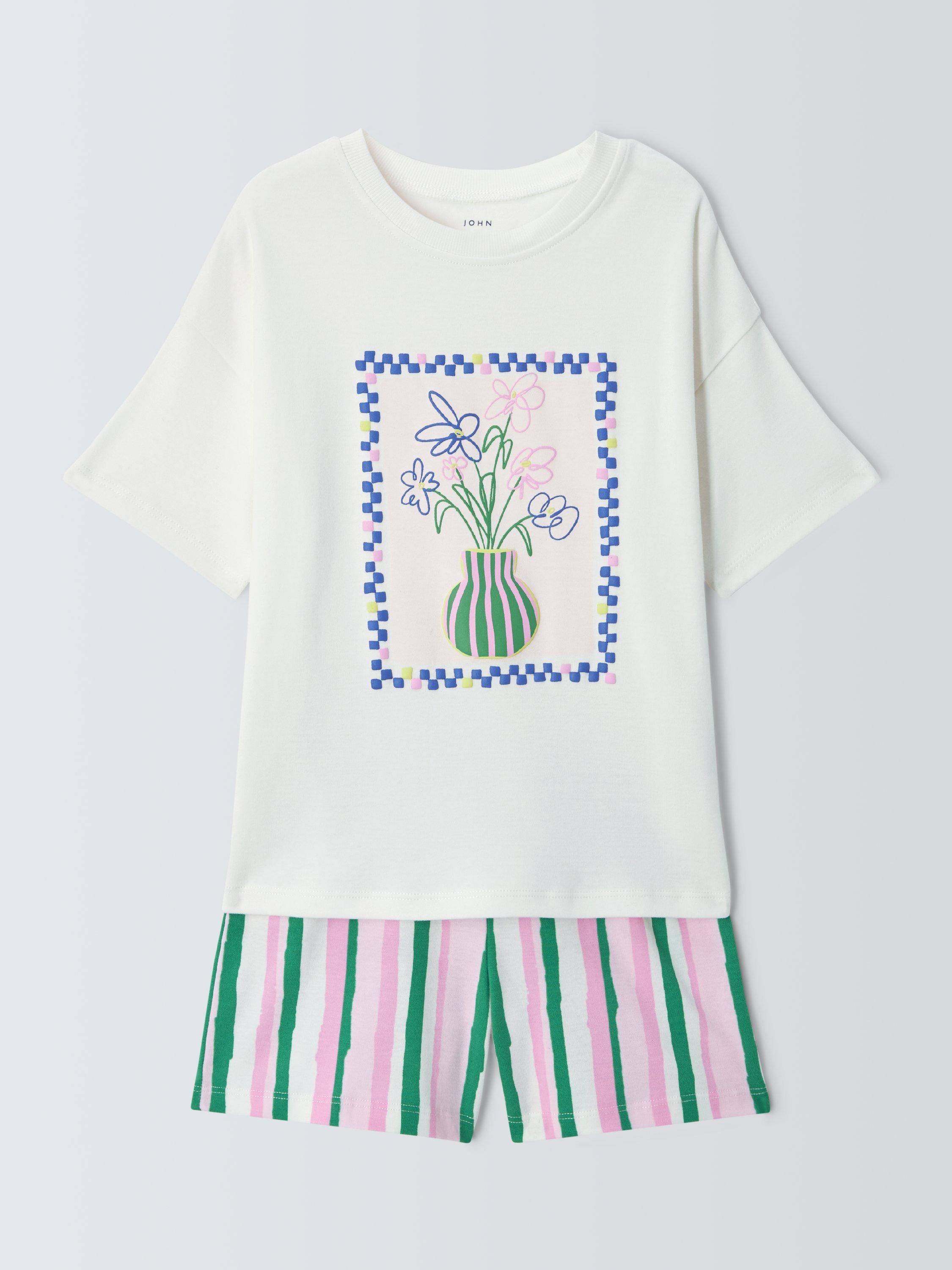 Product image 1 of 3, which shows John Lewis Kids' Flower & Stripe Short Pyjamas, White Multi, 3 years