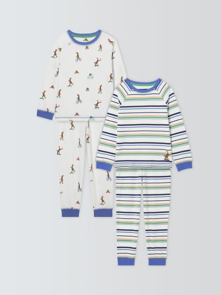 John Lewis Kids' Skating Animals & Stripe Pyjamas, Pack of 2, White Multi, White Multi