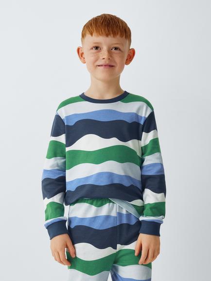 John Lewis Kids' Wave Stripe Pyjama Set, Blue, Blue