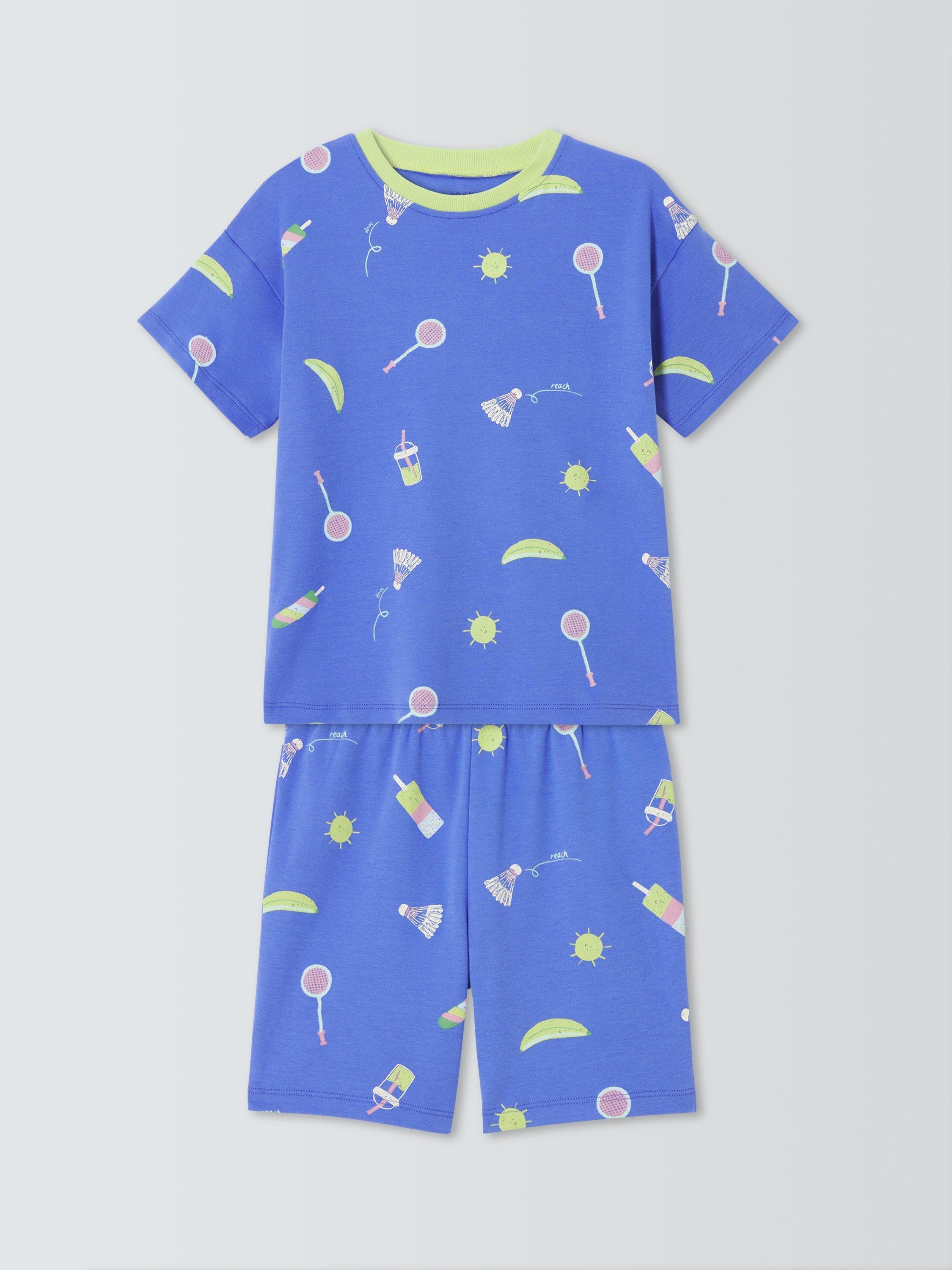 Product image 1 of 3, which shows John Lewis Kids' Cotton Summer Fun Short Pyjama Set, Blue, 3 years