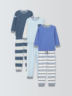 John Lewis Kids' Cotton Stripe Pyjama Set, Pack of 3, Blue, Blue