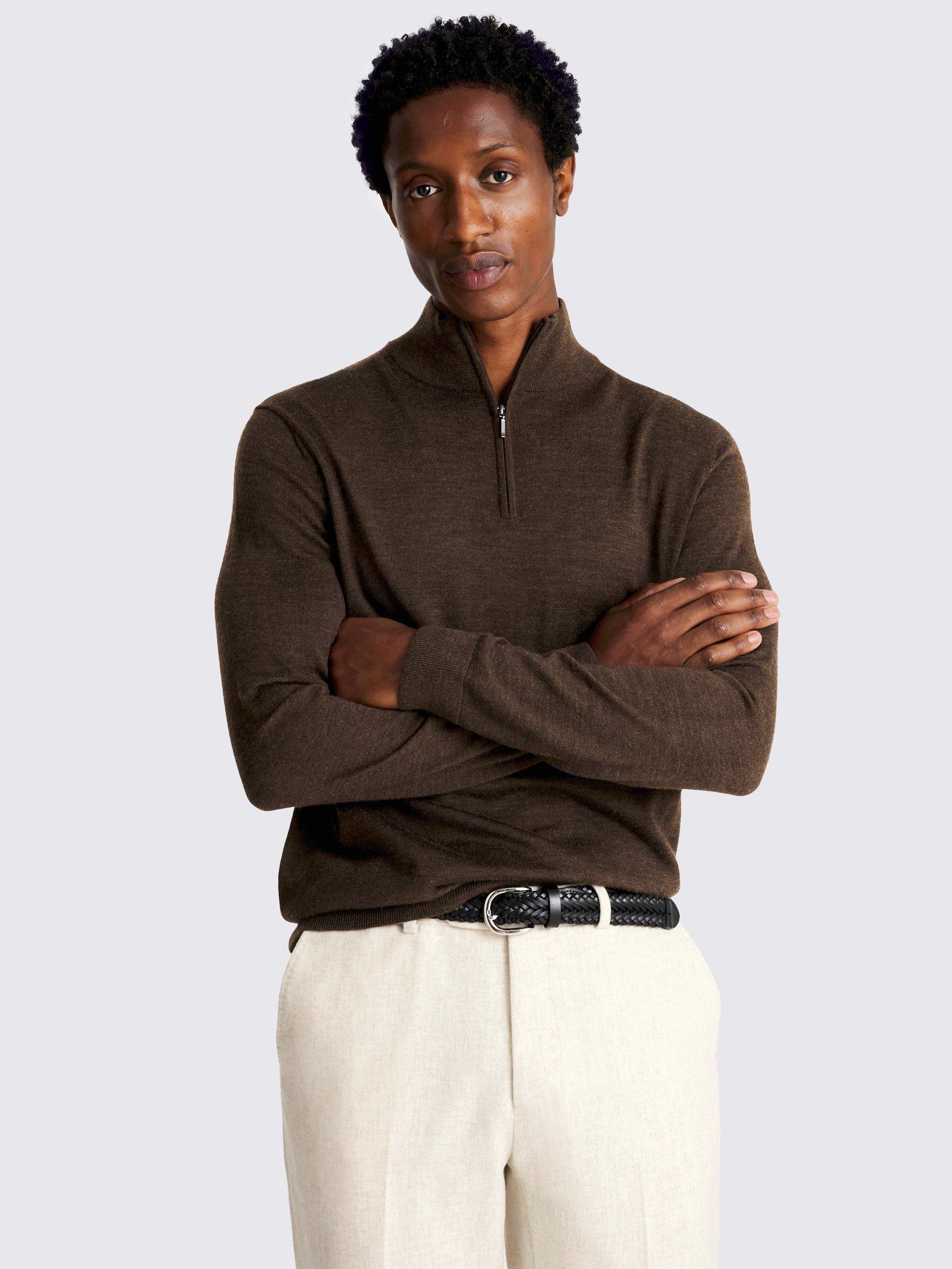 Product image 1 of 4, which shows Moss Merino Zip-Neck Jumper, Brown, S