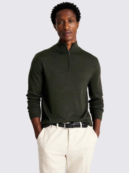 Moss Merino Wool Blend Zip Neck Jumper, Khaki