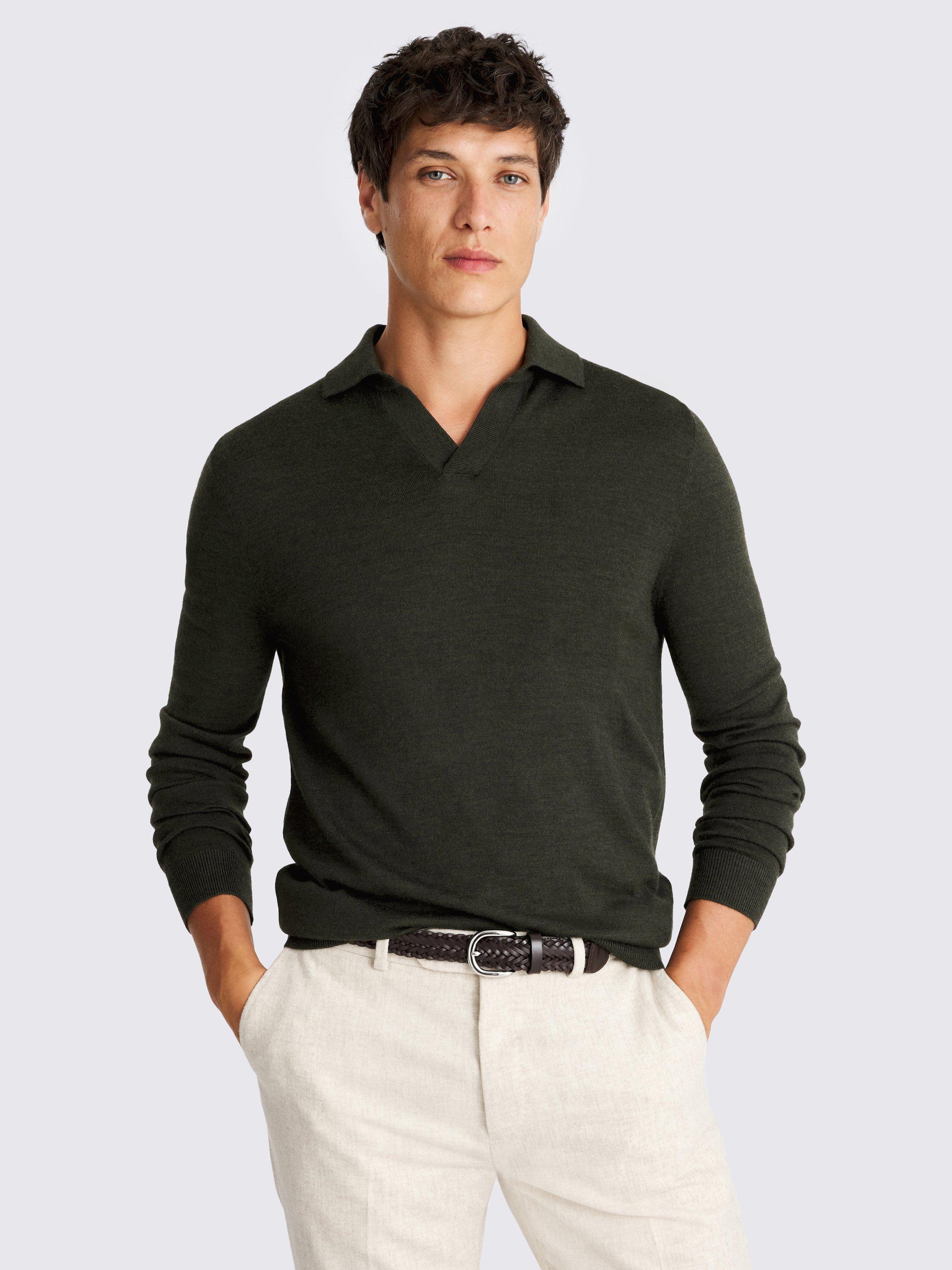 Product image 1 of 4, which shows Moss Merino Wool Skipper Collar Knit Top, Green, S