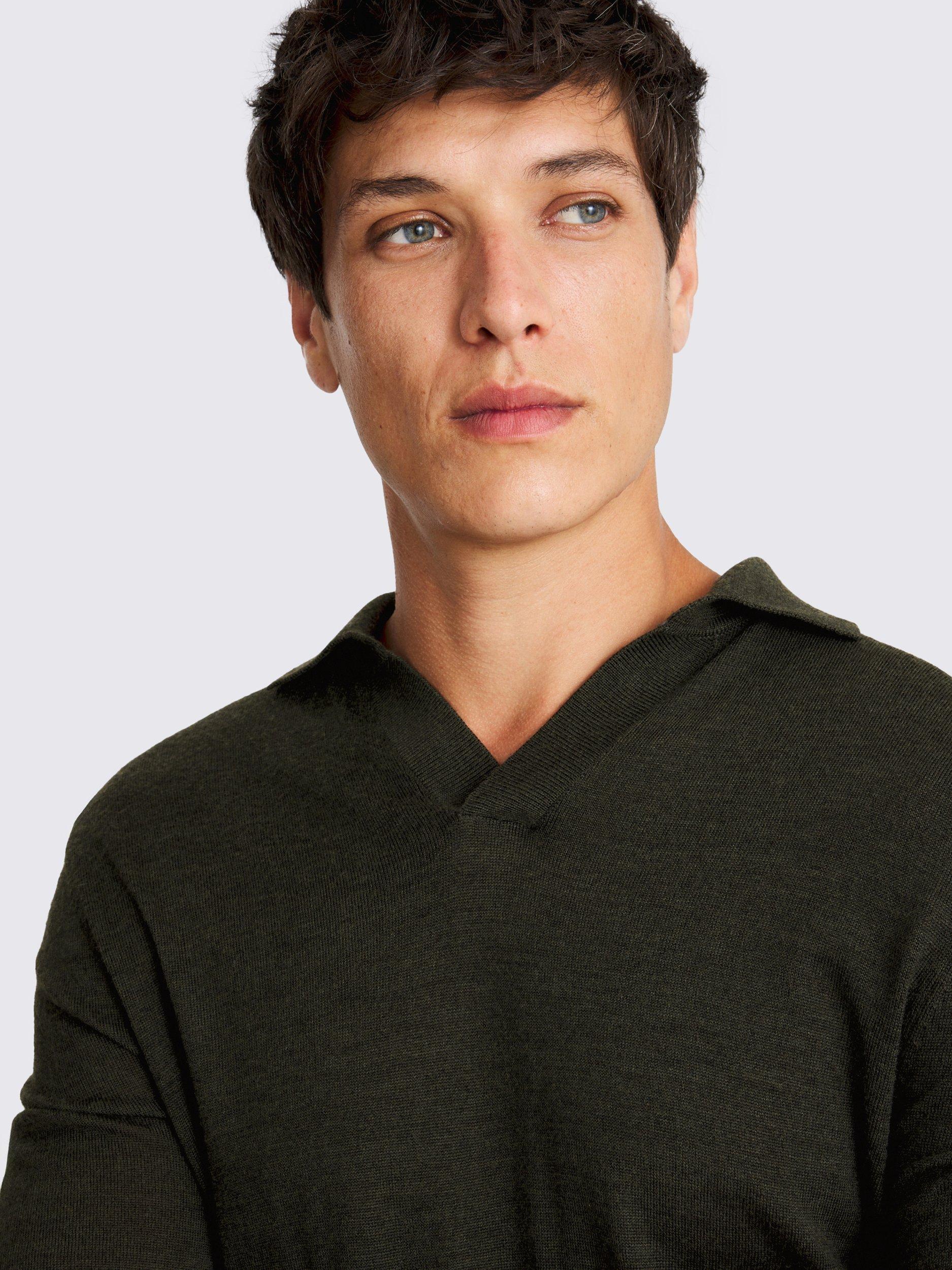 Product image 3 of 4, which shows Moss Merino Wool Skipper Collar Knit Top, Green, S