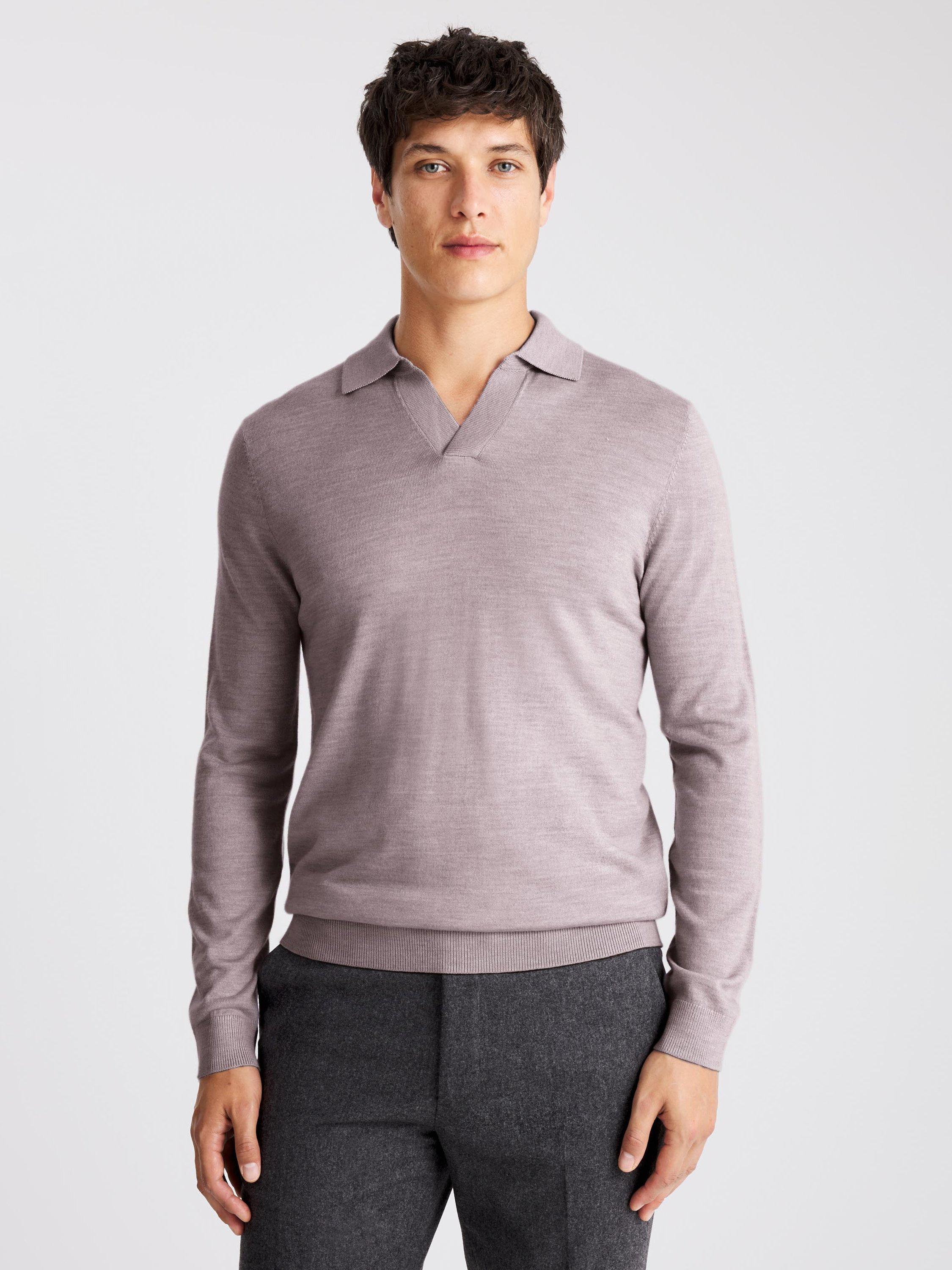 Product image 1 of 4, which shows Moss Merino Wool Skipper Collar Knit Top, Purple, S