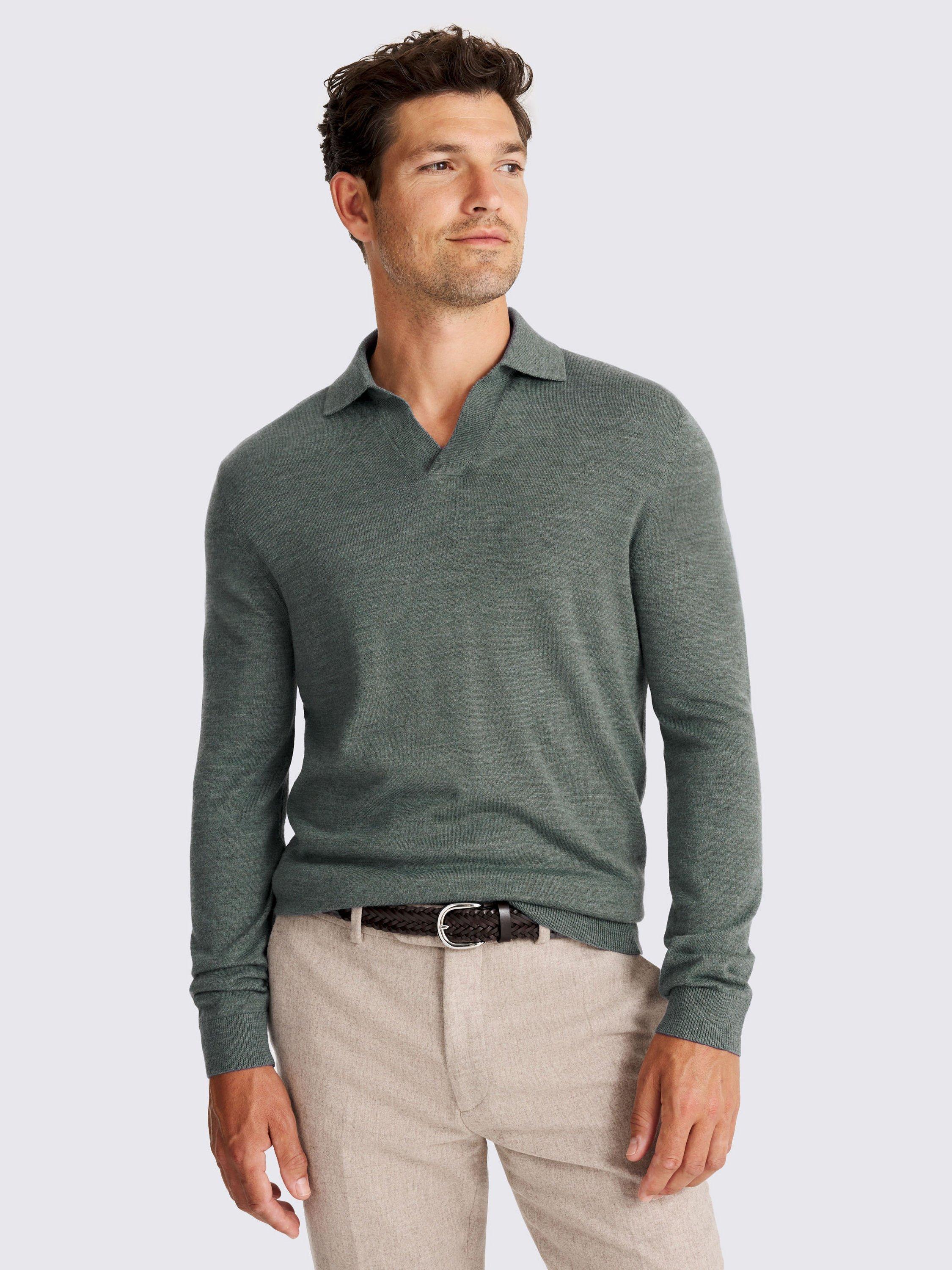 Product image 1 of 4, which shows Moss Merino Wool Skipper Collar Knit Top, Blue, S