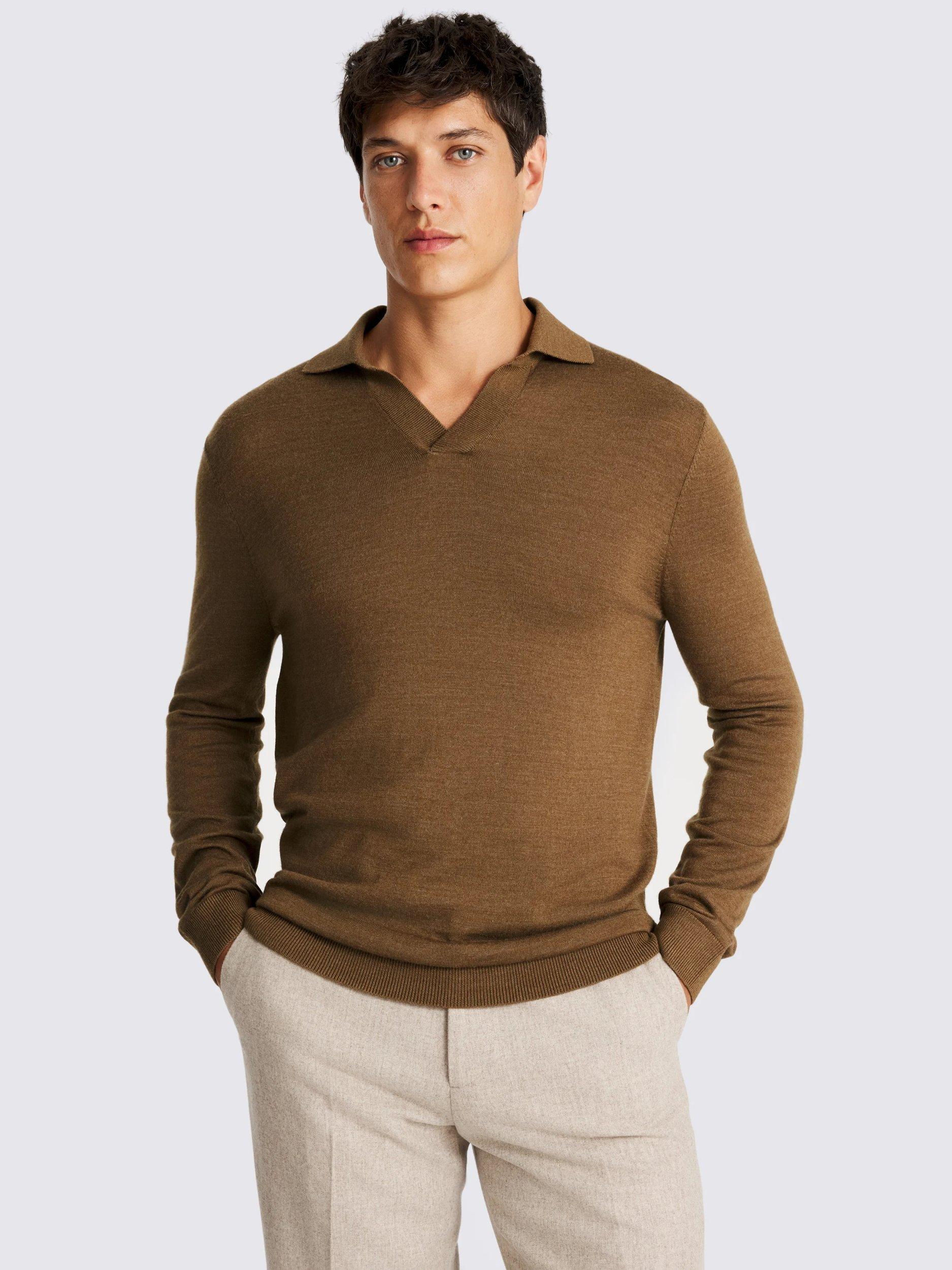 Product image 1 of 4, which shows Moss Merino Wool Skipper Collar Knit Top, Brown, S