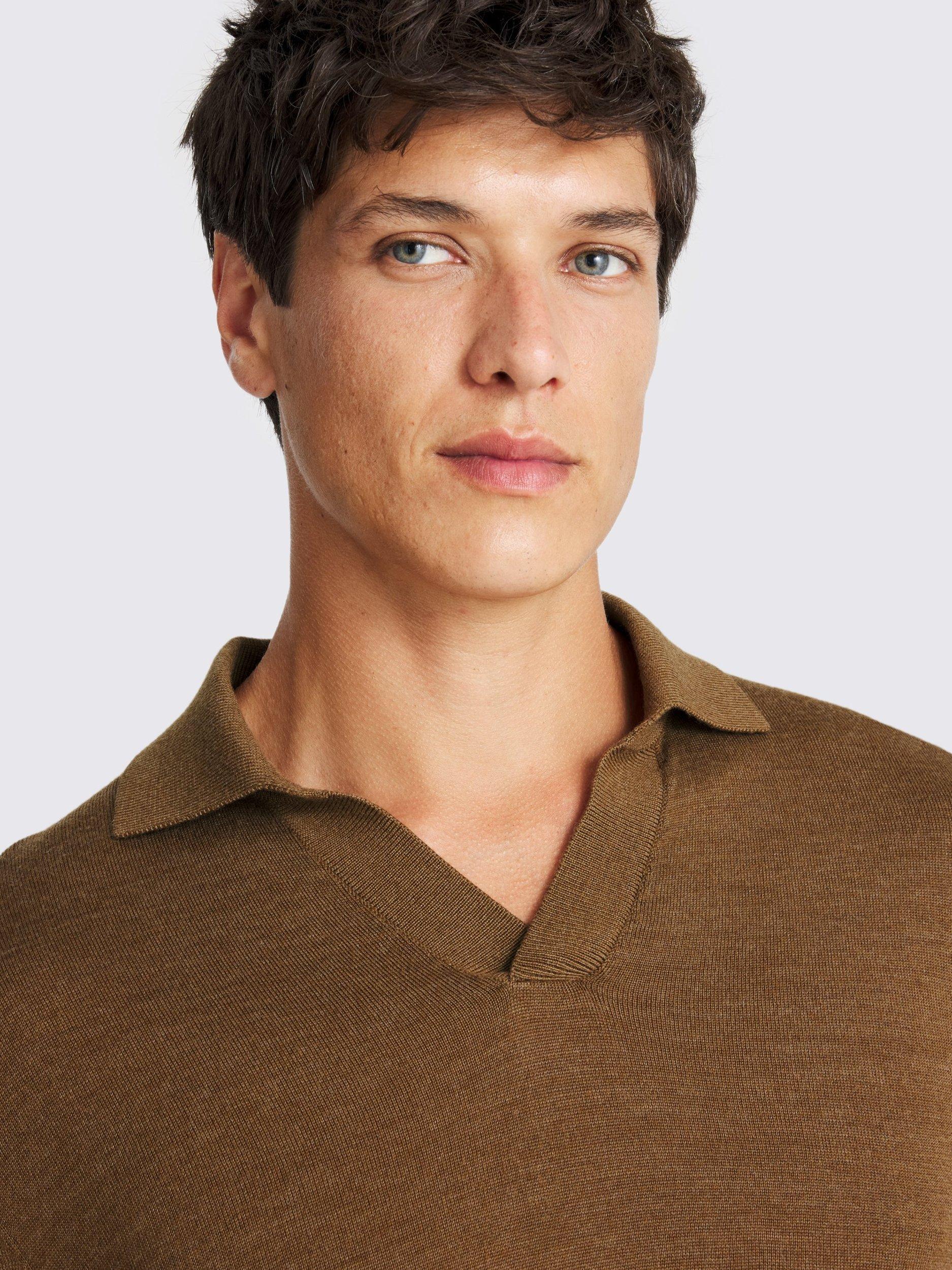 Product image 3 of 4, which shows Moss Merino Wool Skipper Collar Knit Top, Brown, S