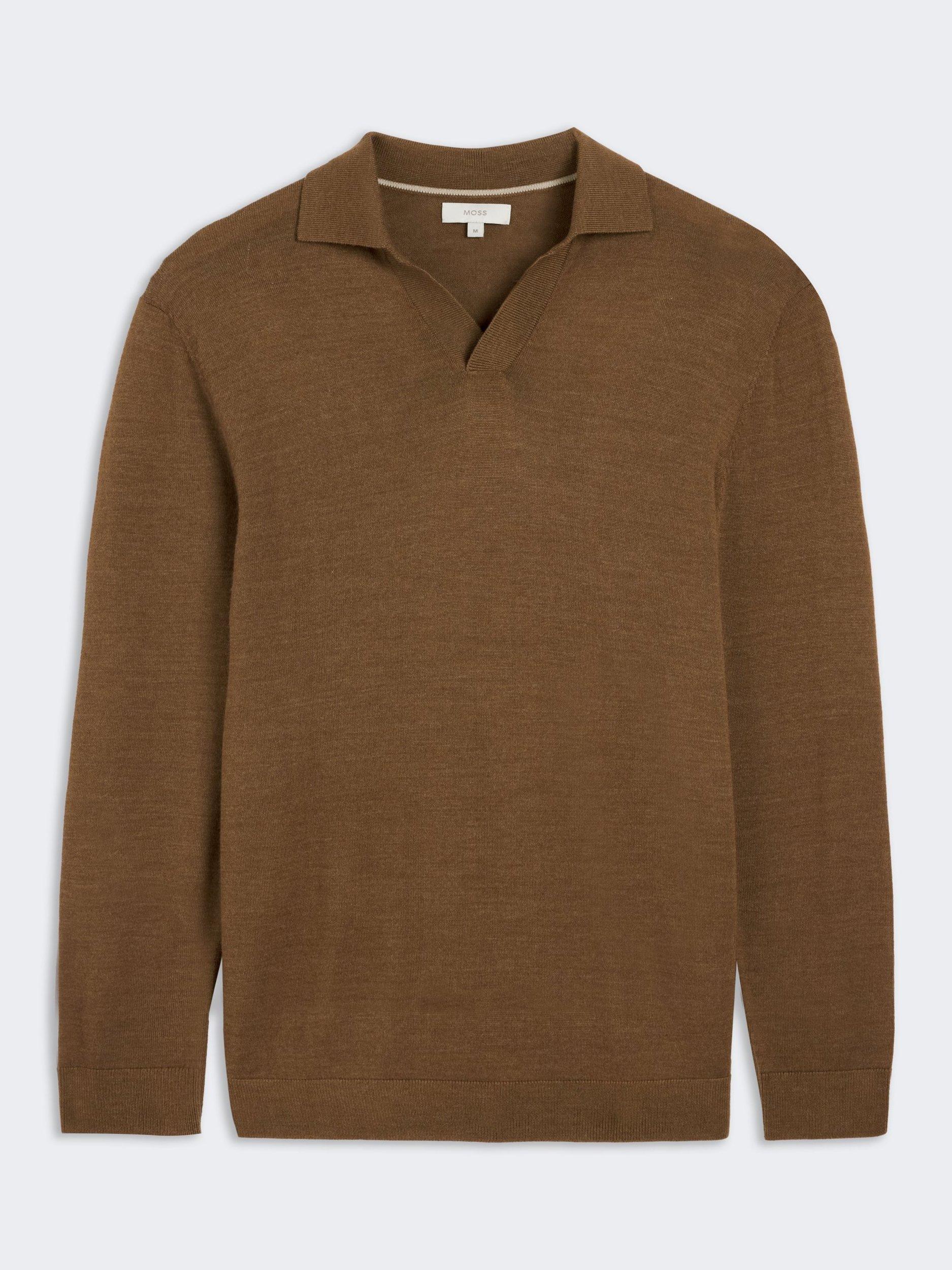 Product image 4 of 4, which shows Moss Merino Wool Skipper Collar Knit Top, Brown, S