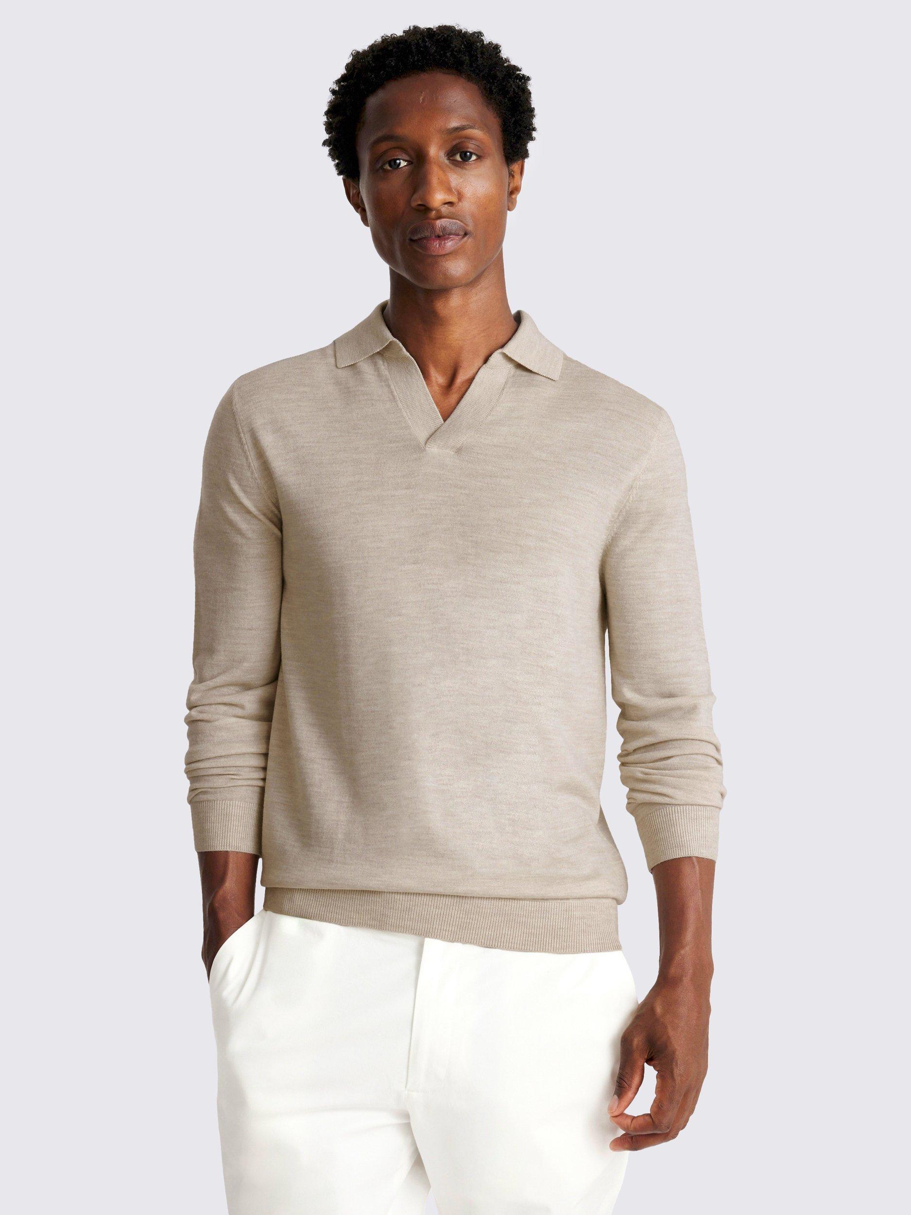 Product image 1 of 4, which shows Moss Merino Wool Skipper Collar Knit Top, Beige, S