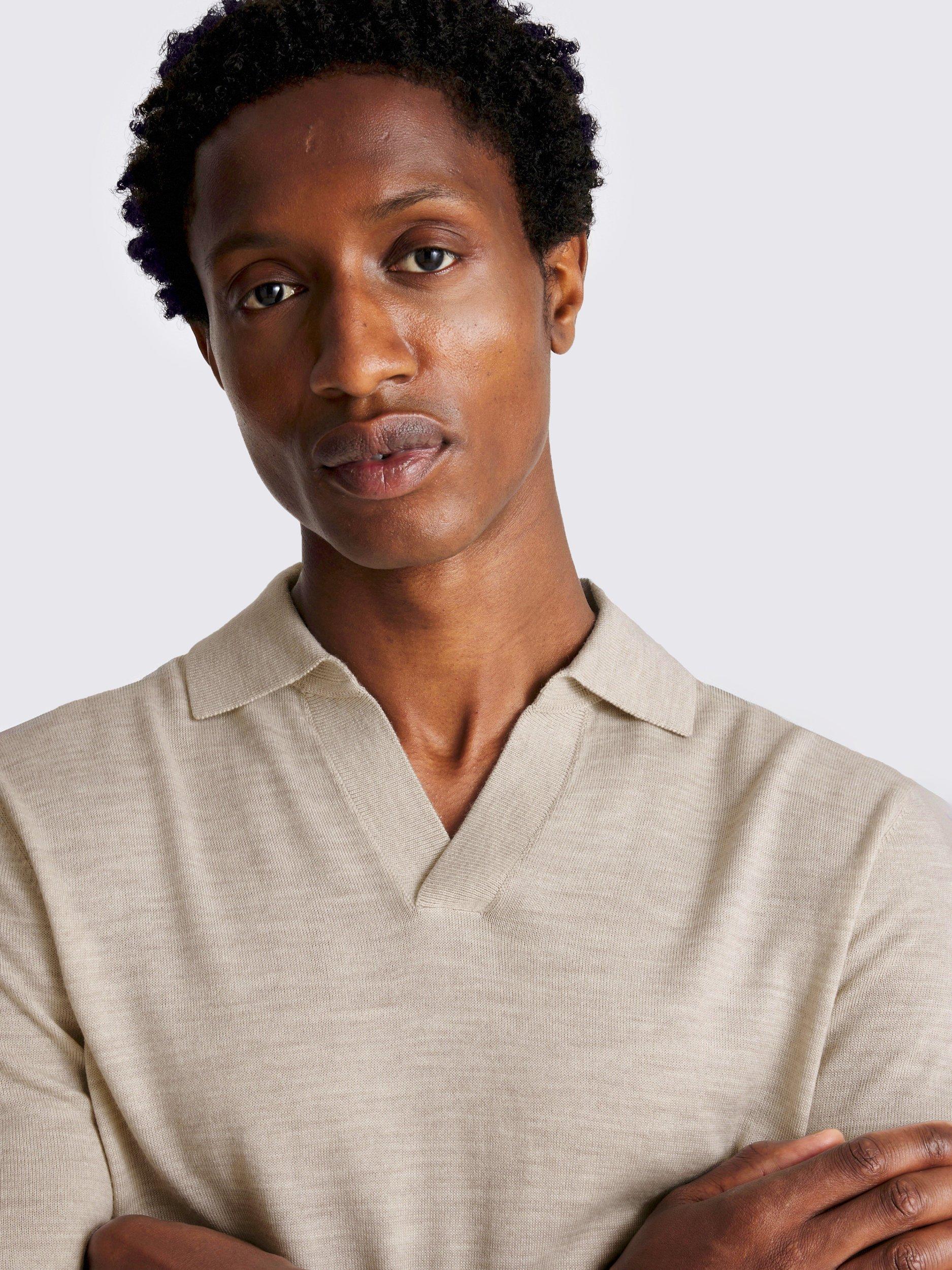 Product image 3 of 4, which shows Moss Merino Wool Skipper Collar Knit Top, Beige, S