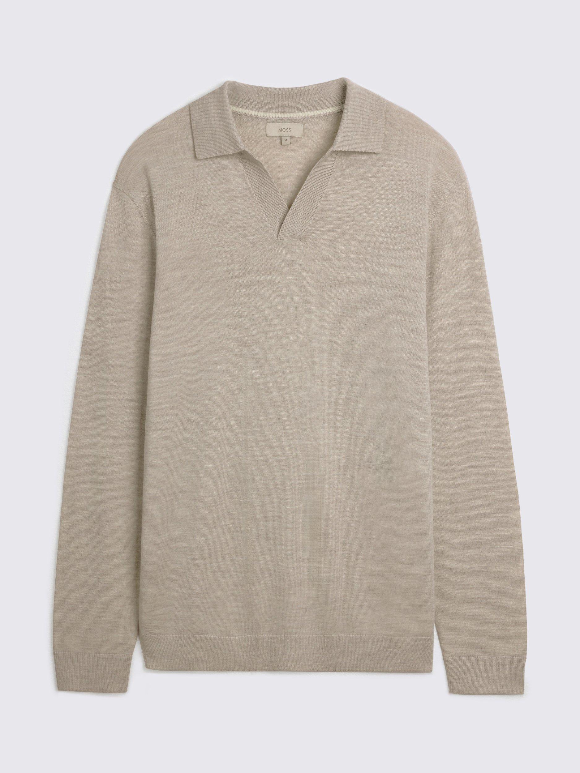 Product image 4 of 4, which shows Moss Merino Wool Skipper Collar Knit Top, Beige, S