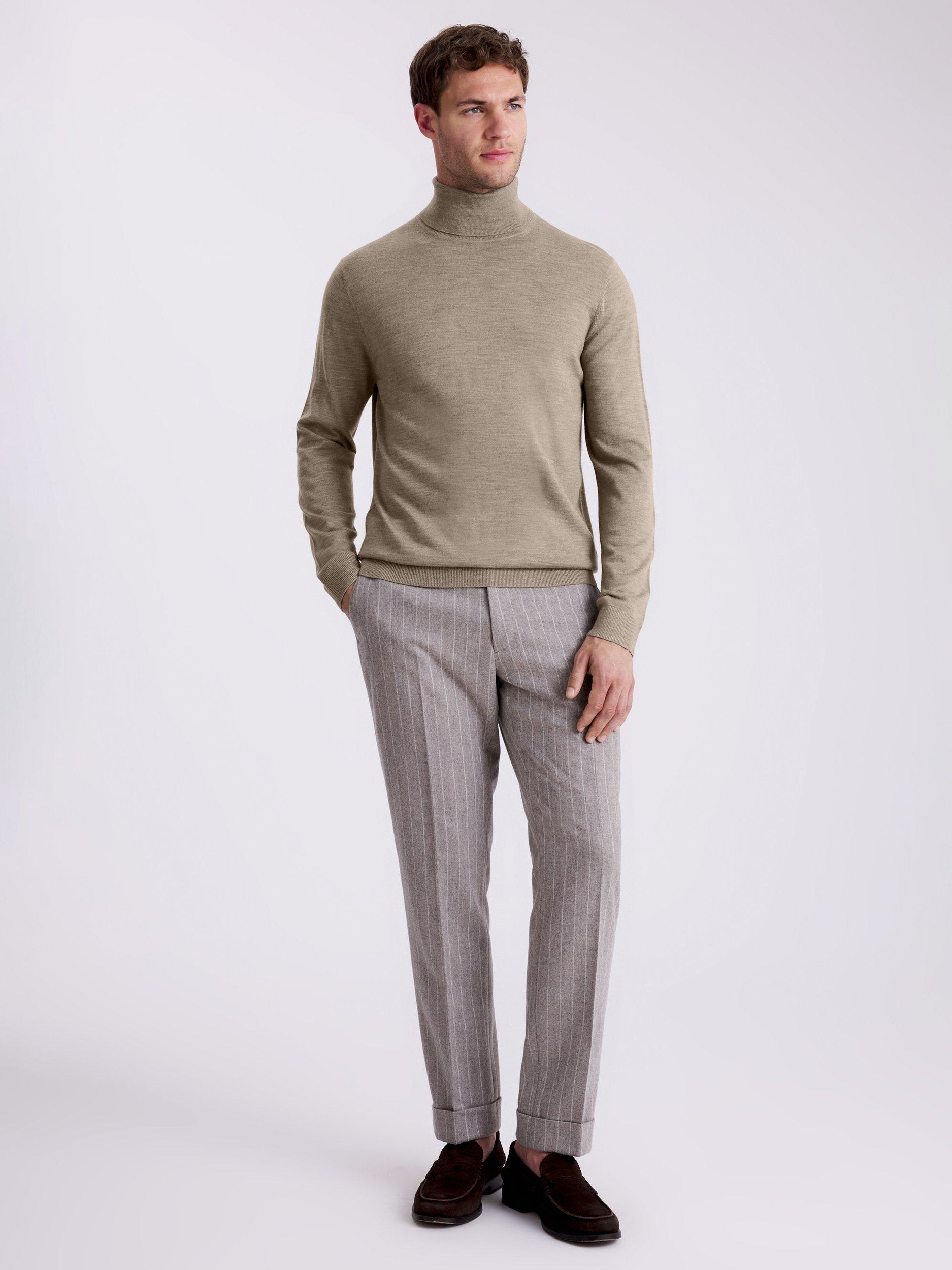 Product image 2 of 4, which shows Moss Merino Wool Blend Roll Neck Jumper, Taupe, S