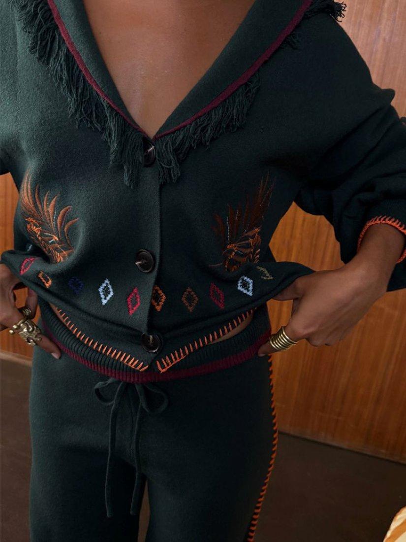 Product image 3 of 4, which shows Never Fully Dressed Embroidered Safari Cardigan, Bottle Green, XS