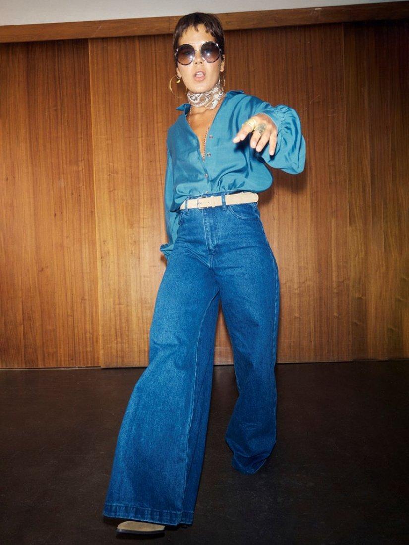 Product image 1 of 4, which shows Never Fully Dressed Mid Rise Palazzo Jeans, Indigo, 6