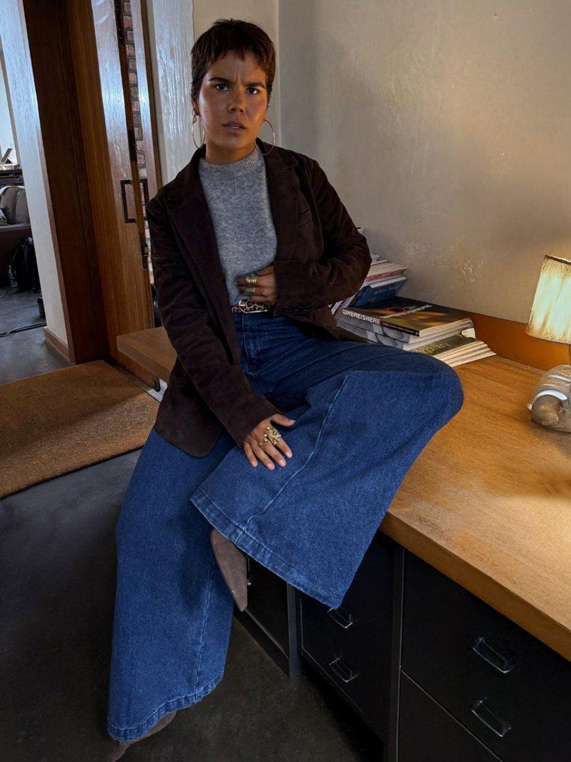 Product image 2 of 4, which shows Never Fully Dressed Mid Rise Palazzo Jeans, Indigo, 6