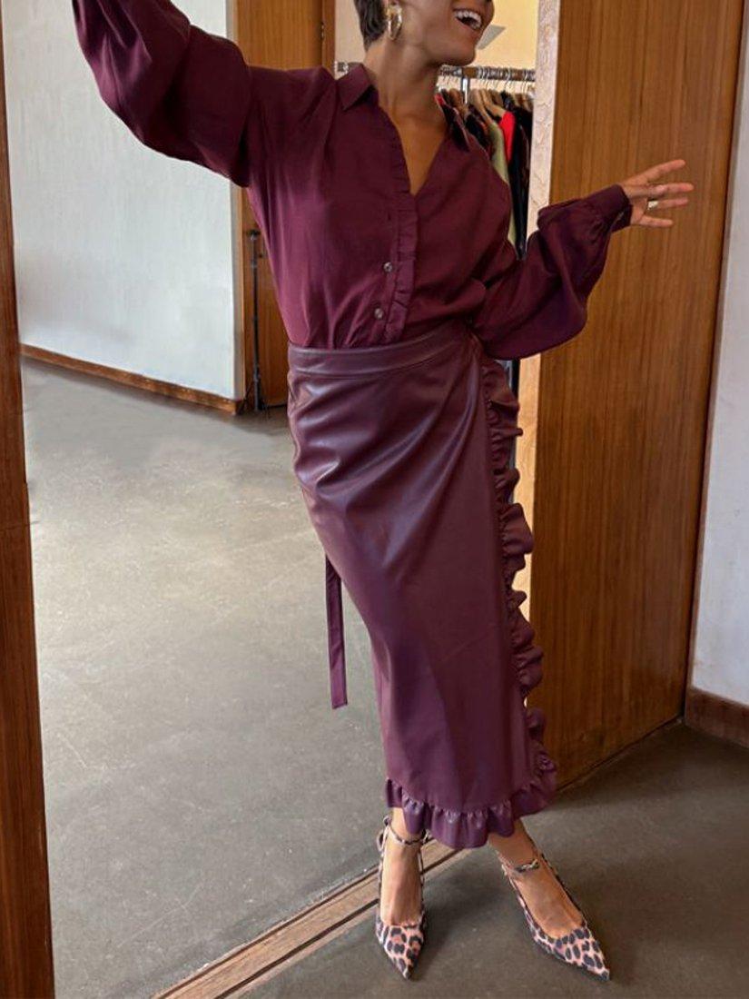 Product image 1 of 5, which shows Never Fully Dressed Jaspre Ruffle Wrap Skirt, Burgundy, 6