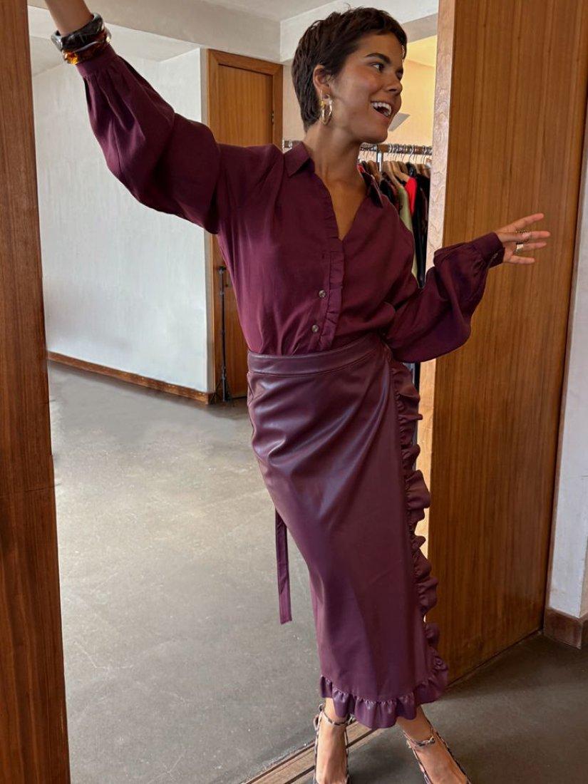 Product image 2 of 5, which shows Never Fully Dressed Jaspre Ruffle Wrap Skirt, Burgundy, 6