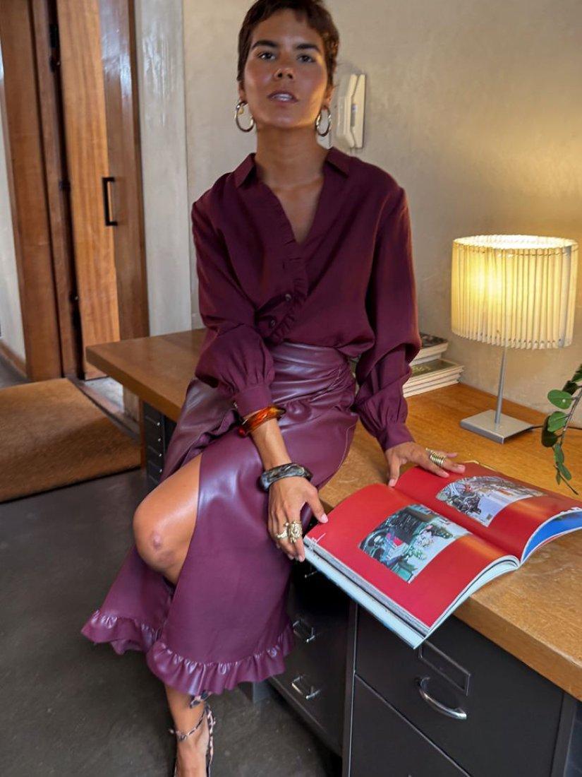 Product image 3 of 5, which shows Never Fully Dressed Jaspre Ruffle Wrap Skirt, Burgundy, 6