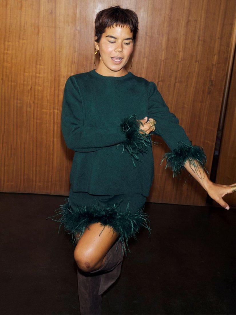 Product image 3 of 7, which shows Never Fully Dressed Jamie Feather Trim Jumper, Bottle Green, XS