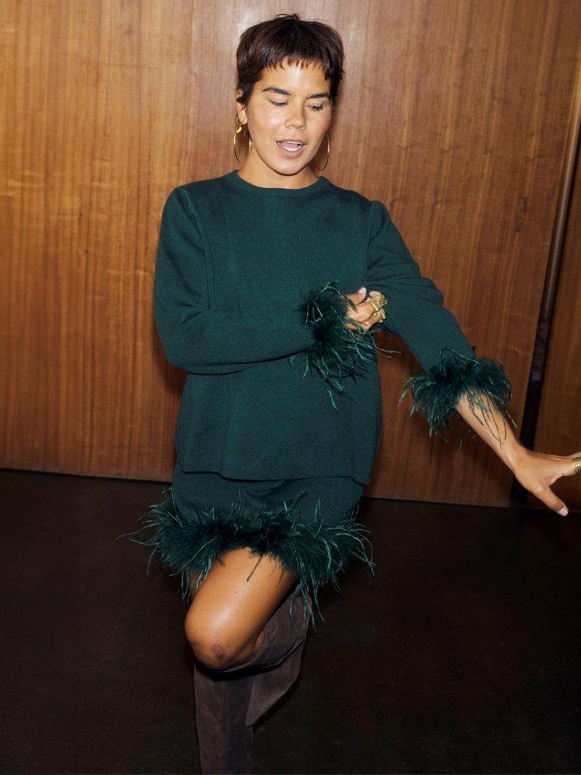 Product image 4 of 7, which shows Never Fully Dressed Jamie Feather Trim Jumper, Bottle Green, XS