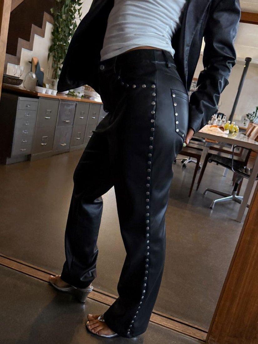 Product image 5 of 5, which shows Never Fully Dressed Vegan Leather Studded Leg Trousers, Black, 6