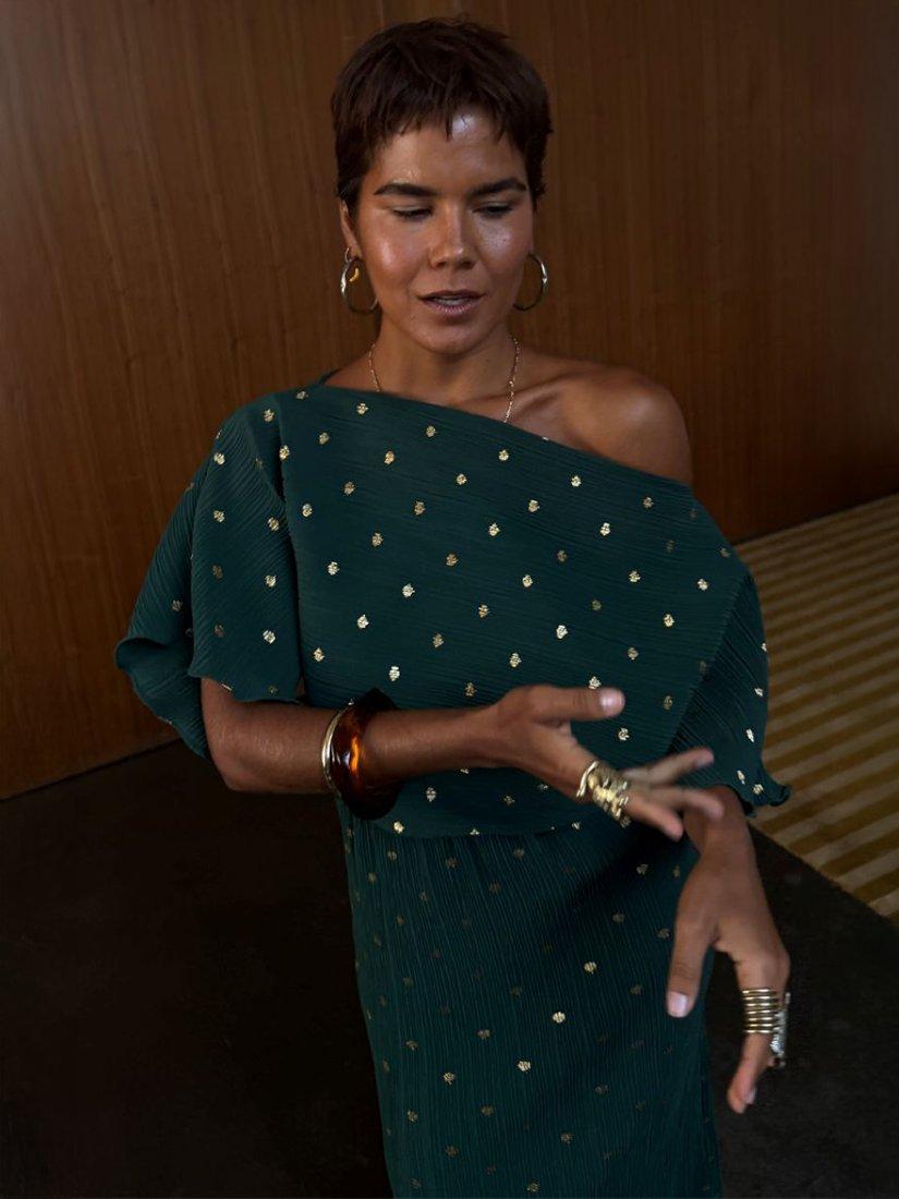 Product image 2 of 5, which shows Never Fully Dressed Tilly Plisse Midi Dress, Dark Green, XS