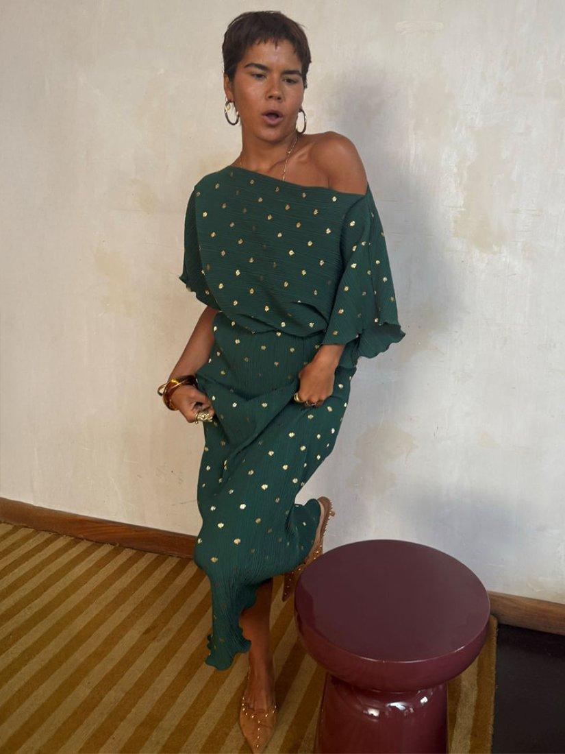 Product image 3 of 5, which shows Never Fully Dressed Tilly Plisse Midi Dress, Dark Green, XS