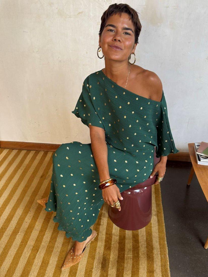 Product image 4 of 5, which shows Never Fully Dressed Tilly Plisse Midi Dress, Dark Green, XS