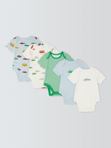 John Lewis Baby Car Check Short Sleeve Bodysuits, Pack of 5, Blue Multi, Blue Multi